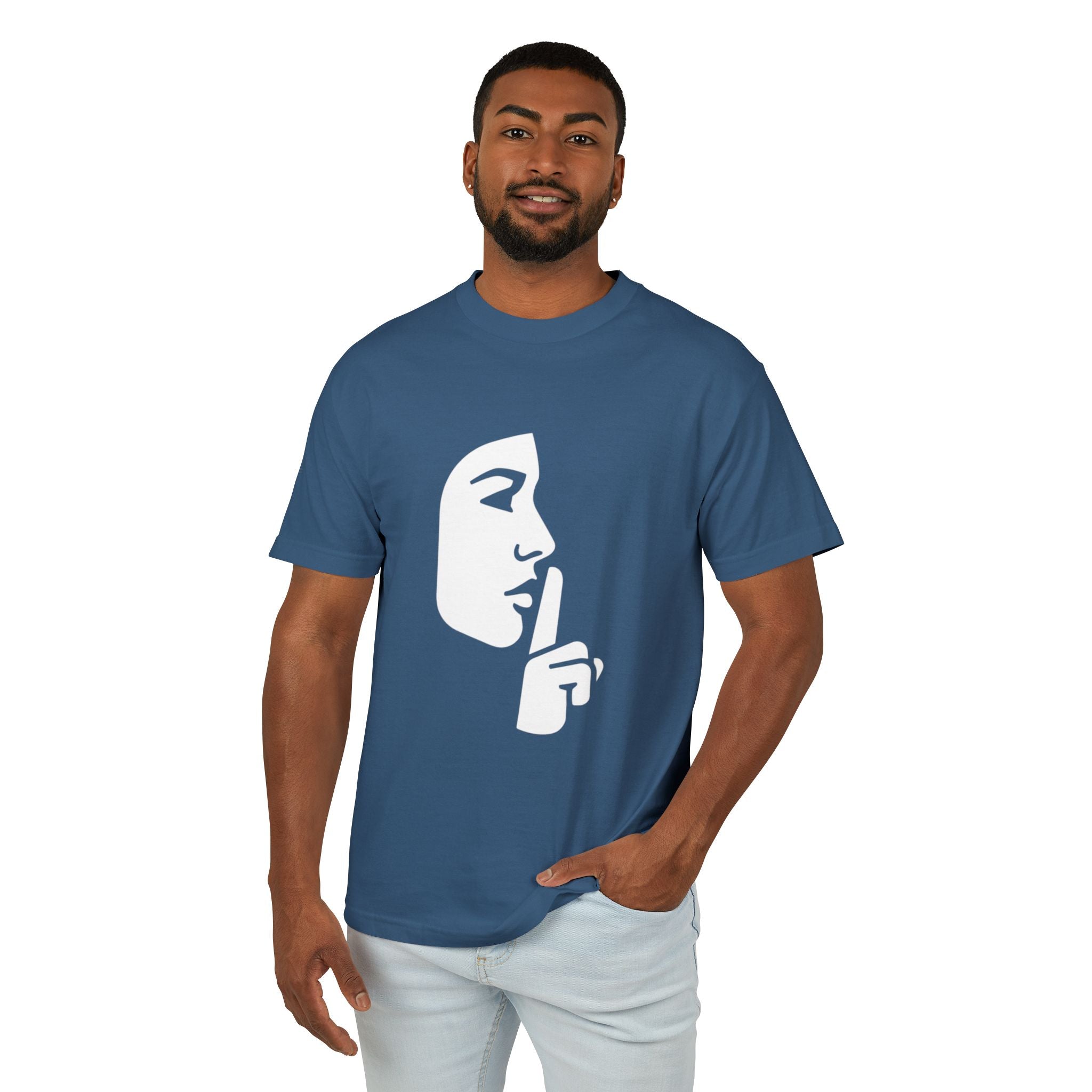 Shh Finger Over Lips Graphic Tee — Silent Face Minimalist T-Shirt