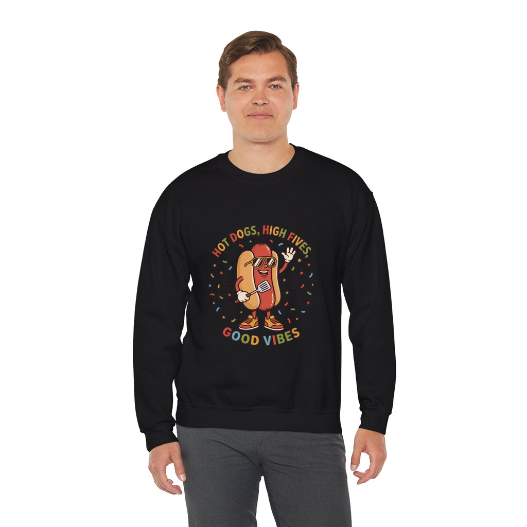 Hot Dog, High Five Crewneck Sweatshirt | BBQ Fourth of July, Retro Patriotic Hot Dog Jokes