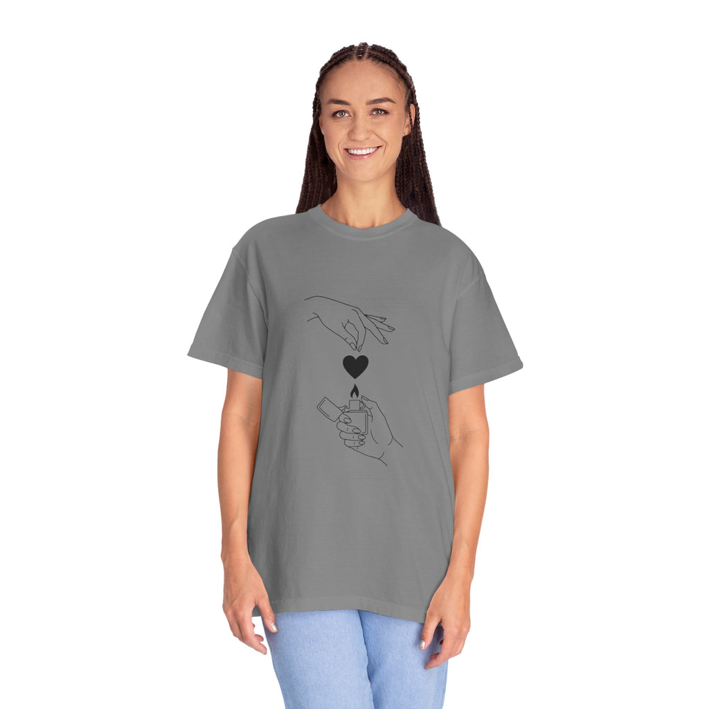 Heart Flame T-Shirt — Minimal Line Art Hands Lighting Heart Graphic