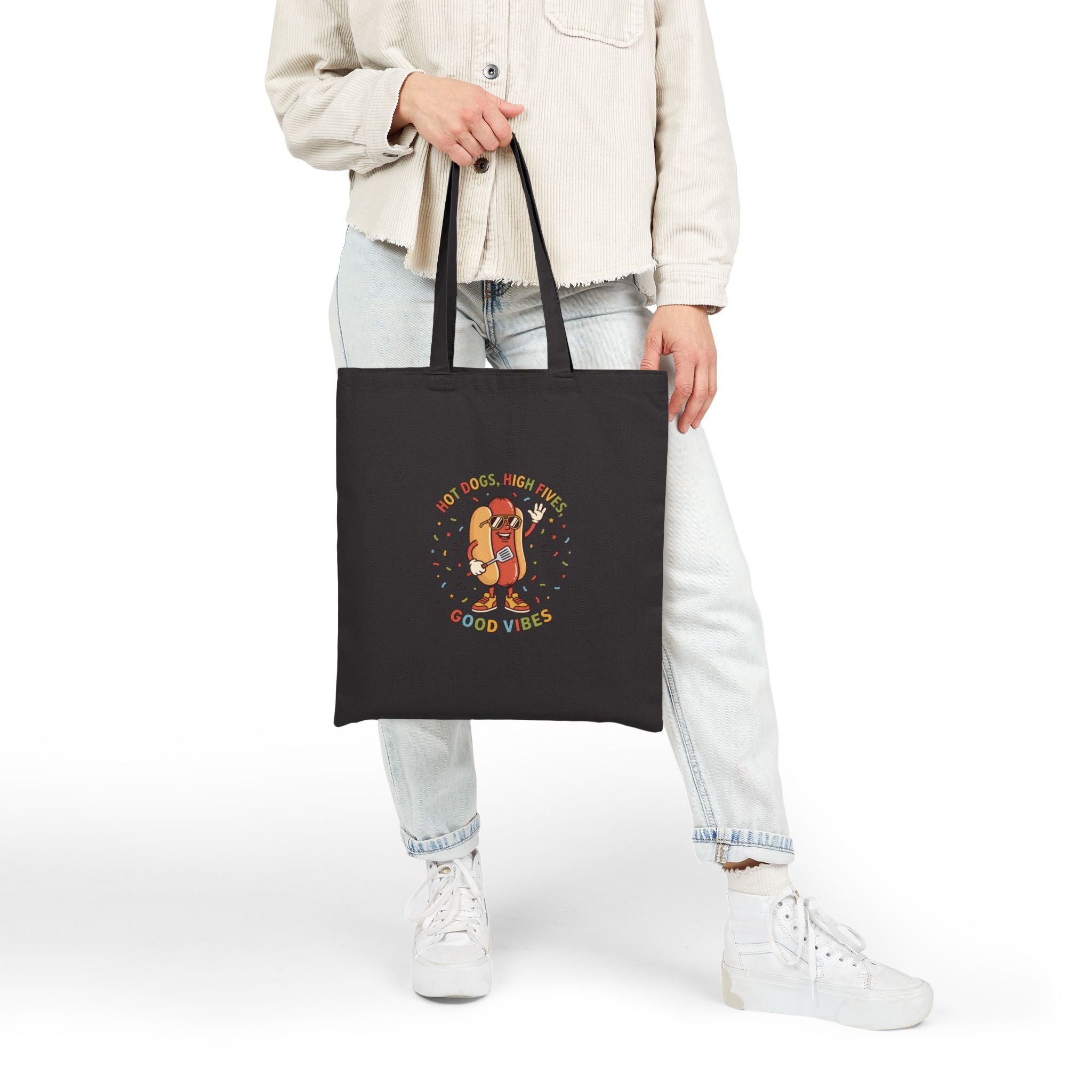 Hot Dog Good Vibes Canvas Tote Bag, Retro BBQ Picnic