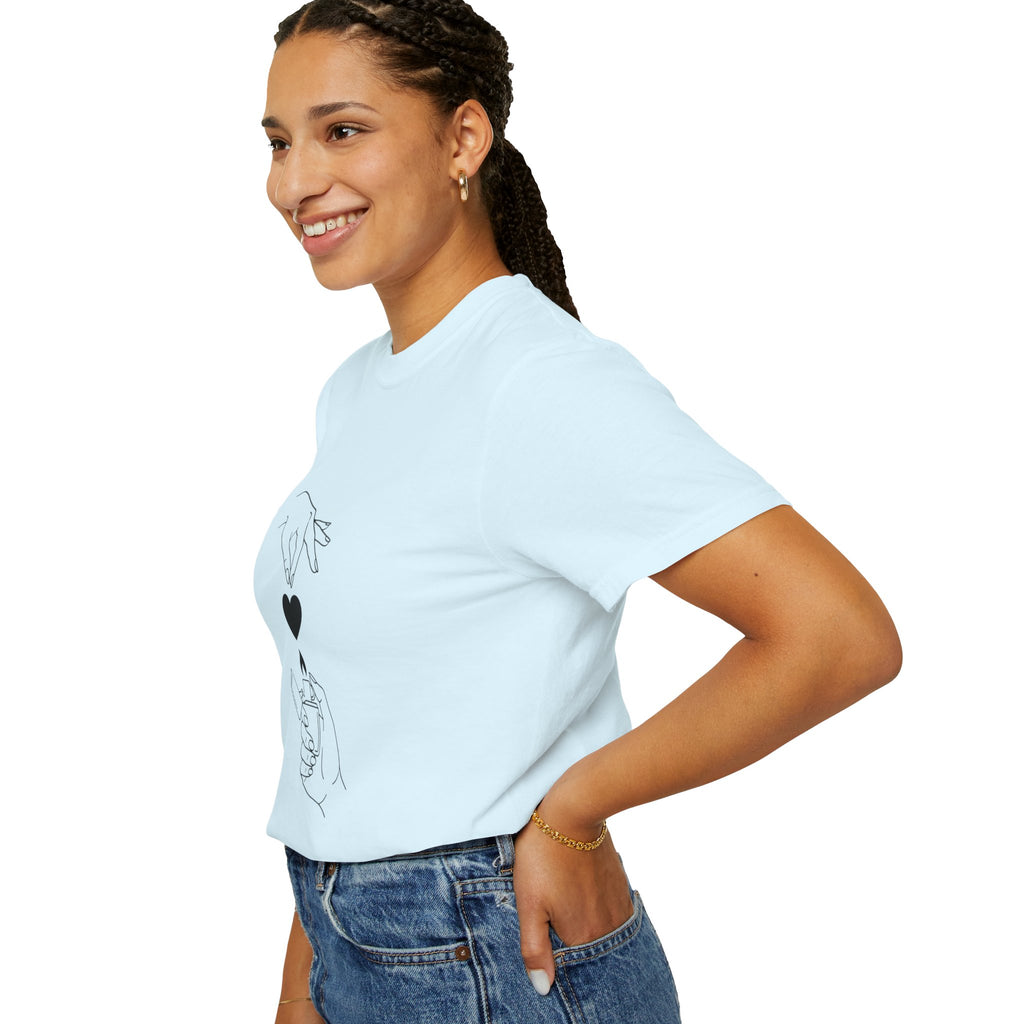 Heart Flame T-Shirt — Minimal Line Art Hands Lighting Heart Graphic