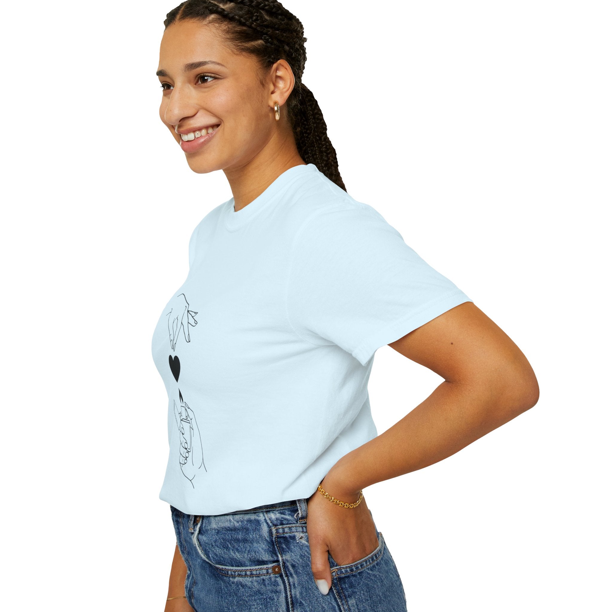 Heart Flame T-Shirt — Minimal Line Art Hands Lighting Heart Graphic