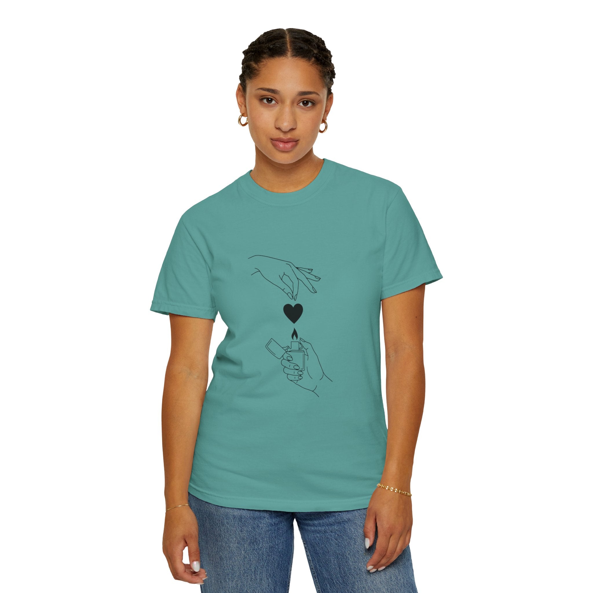 Heart Flame T-Shirt — Minimal Line Art Hands Lighting Heart Graphic