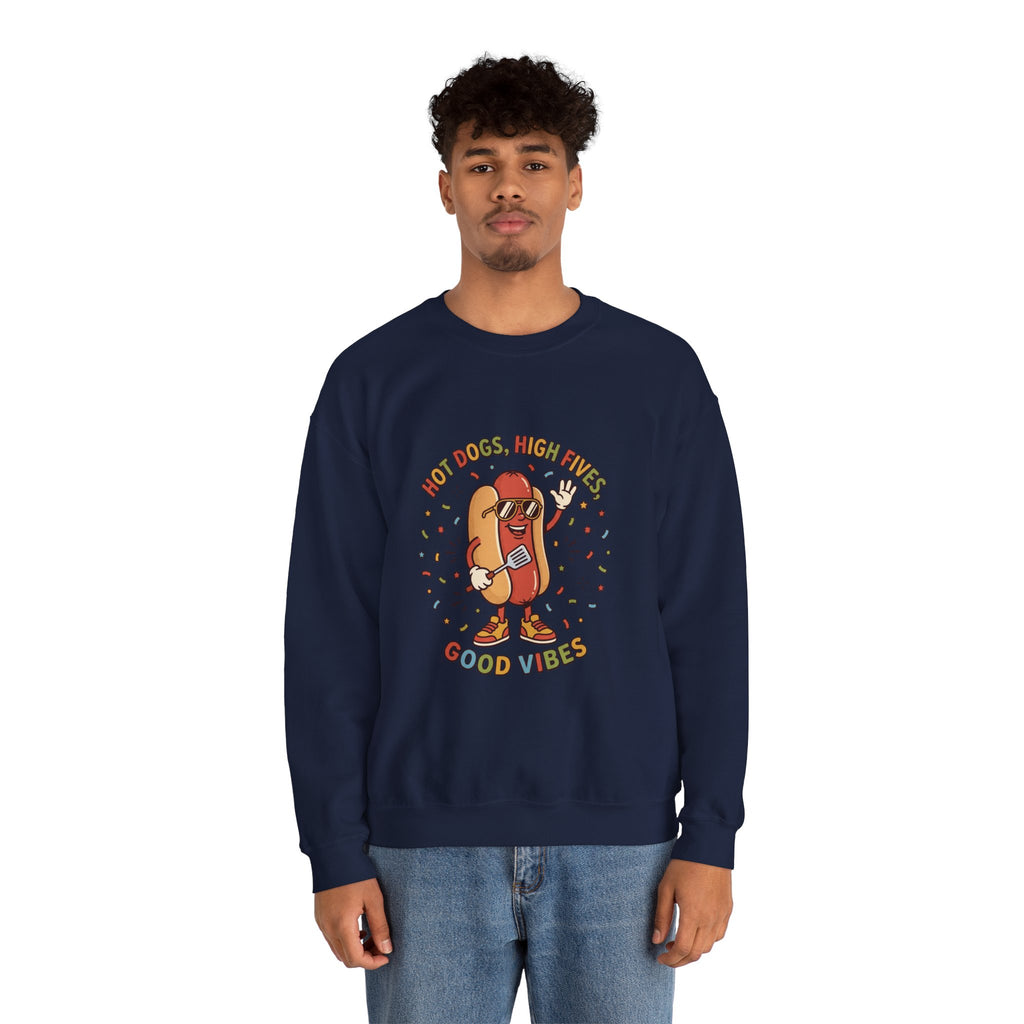Hot Dog, High Five Crewneck Sweatshirt | BBQ Fourth of July, Retro Patriotic Hot Dog Jokes