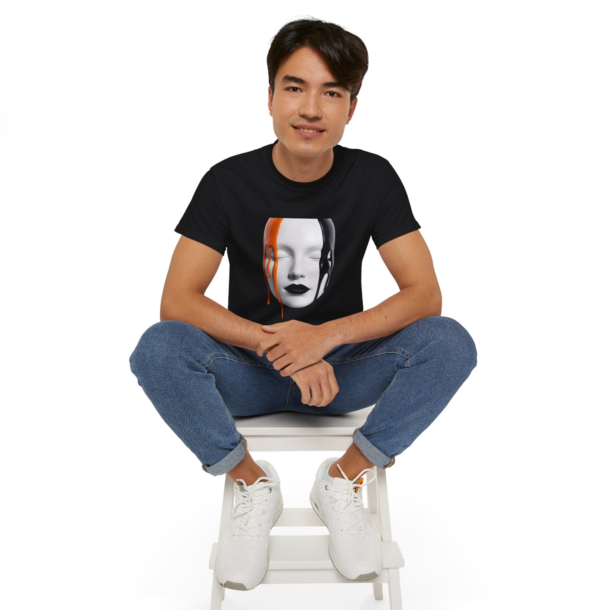Mask Face Tee — Dripping Black & Orange Art T-Shirt