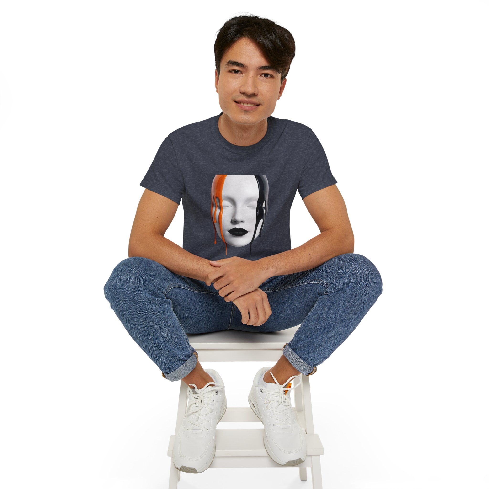 Mask Face Tee — Dripping Black & Orange Art T-Shirt