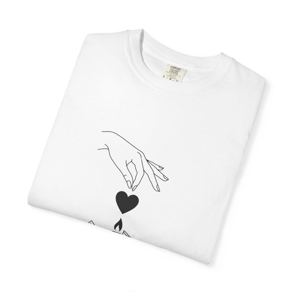 Heart Flame T-Shirt — Minimal Line Art Hands Lighting Heart Graphic