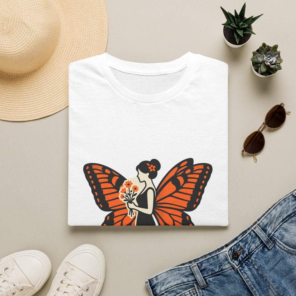 Monarch Butterfly Bride T-Shirt — Floral Bride with Orange Wings