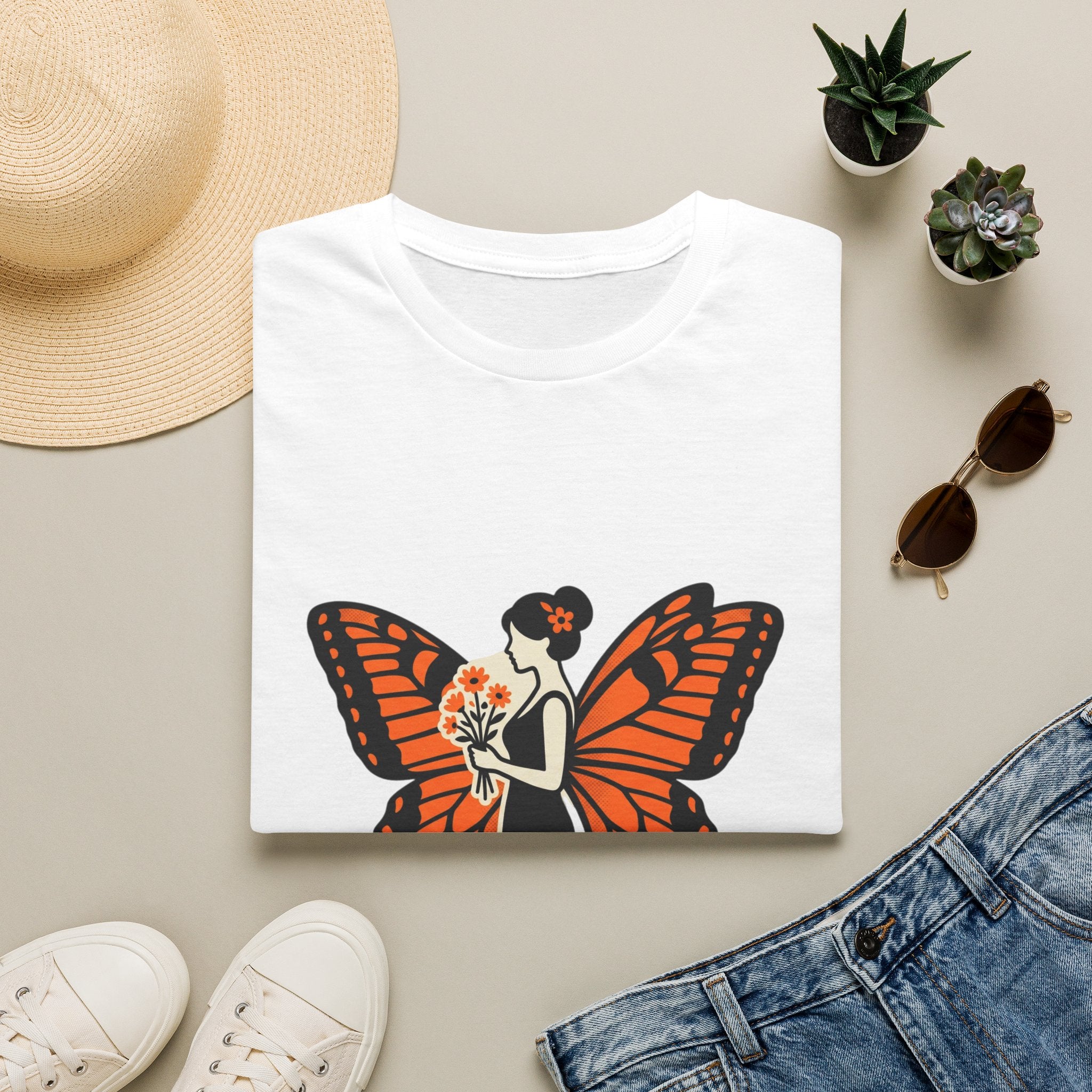Monarch Butterfly Bride T-Shirt — Floral Bride with Orange Wings