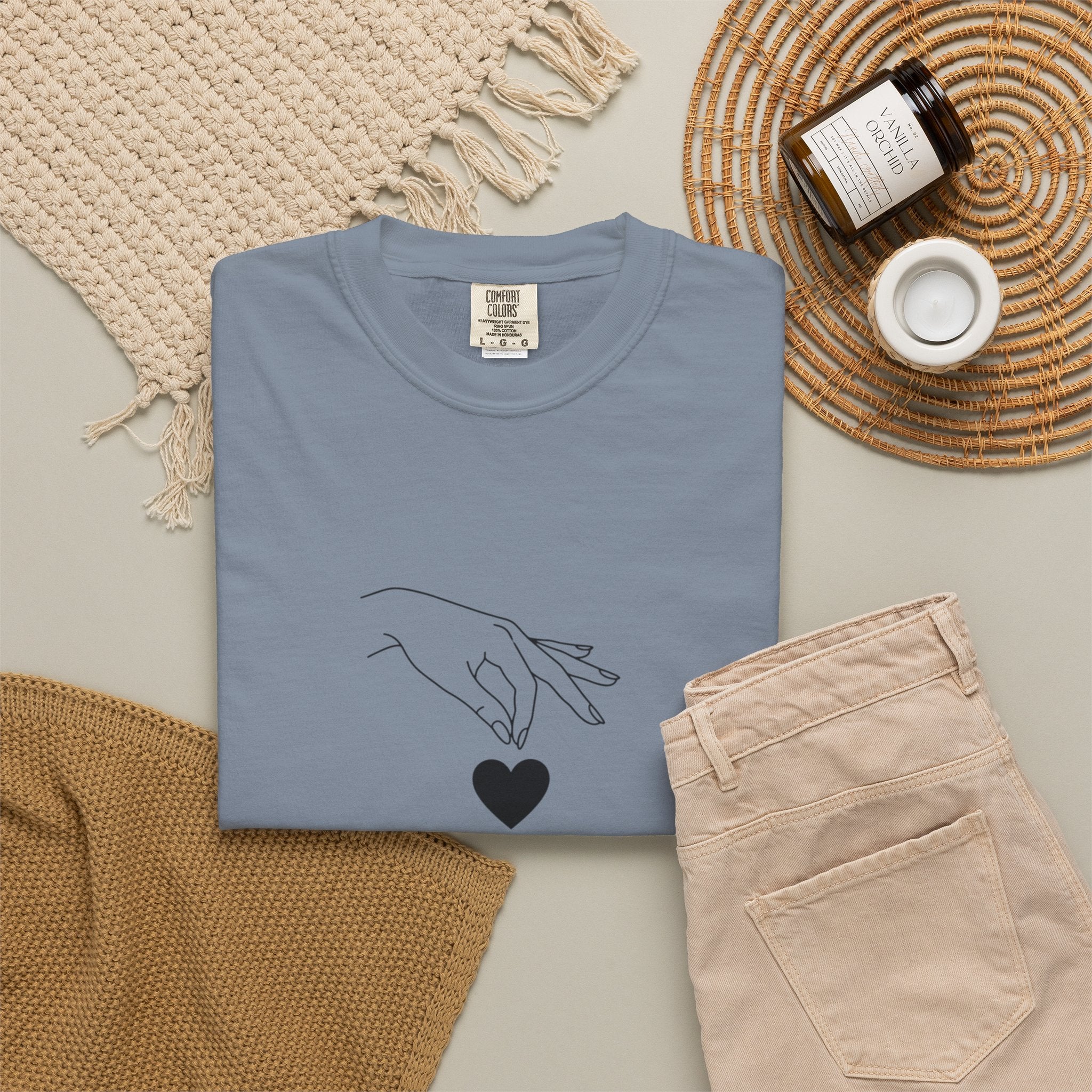 Heart Flame T-Shirt — Minimal Line Art Hands Lighting Heart Graphic