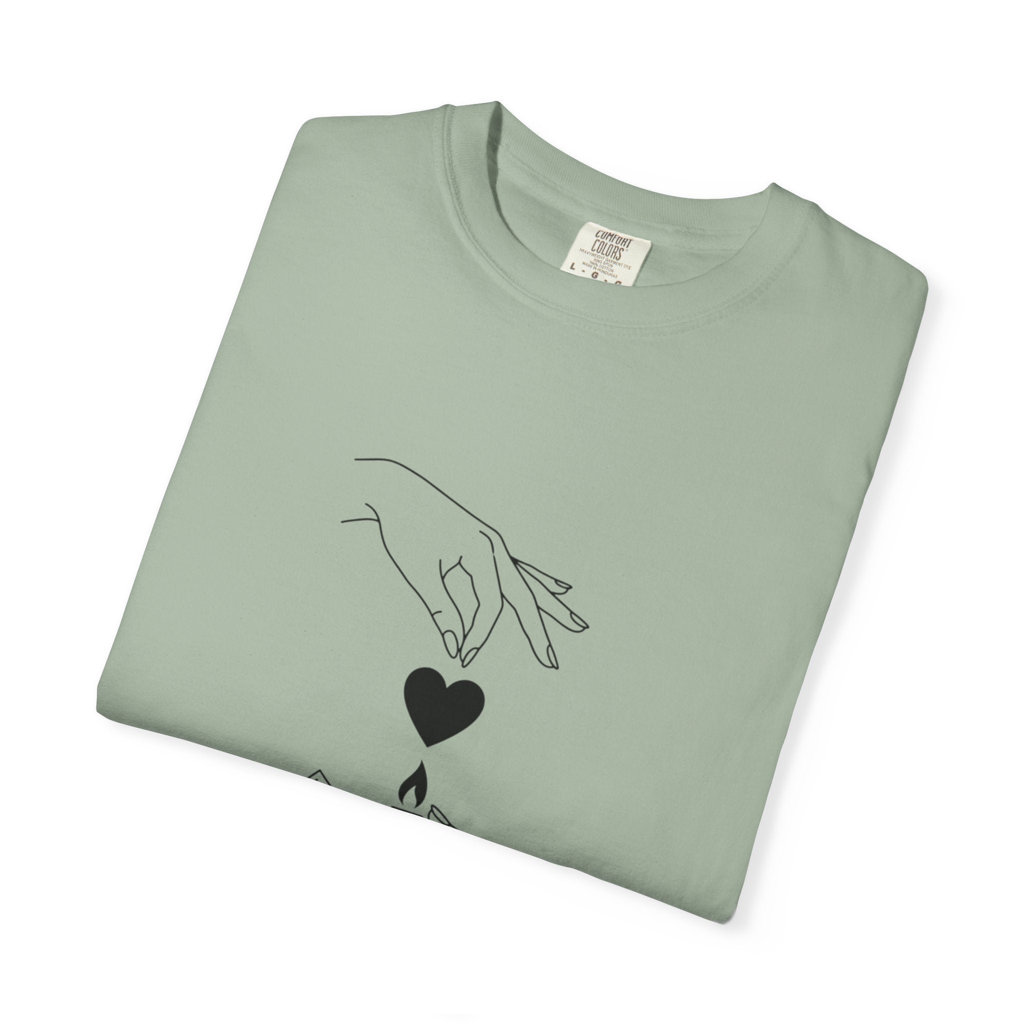 Heart Flame T-Shirt — Minimal Line Art Hands Lighting Heart Graphic