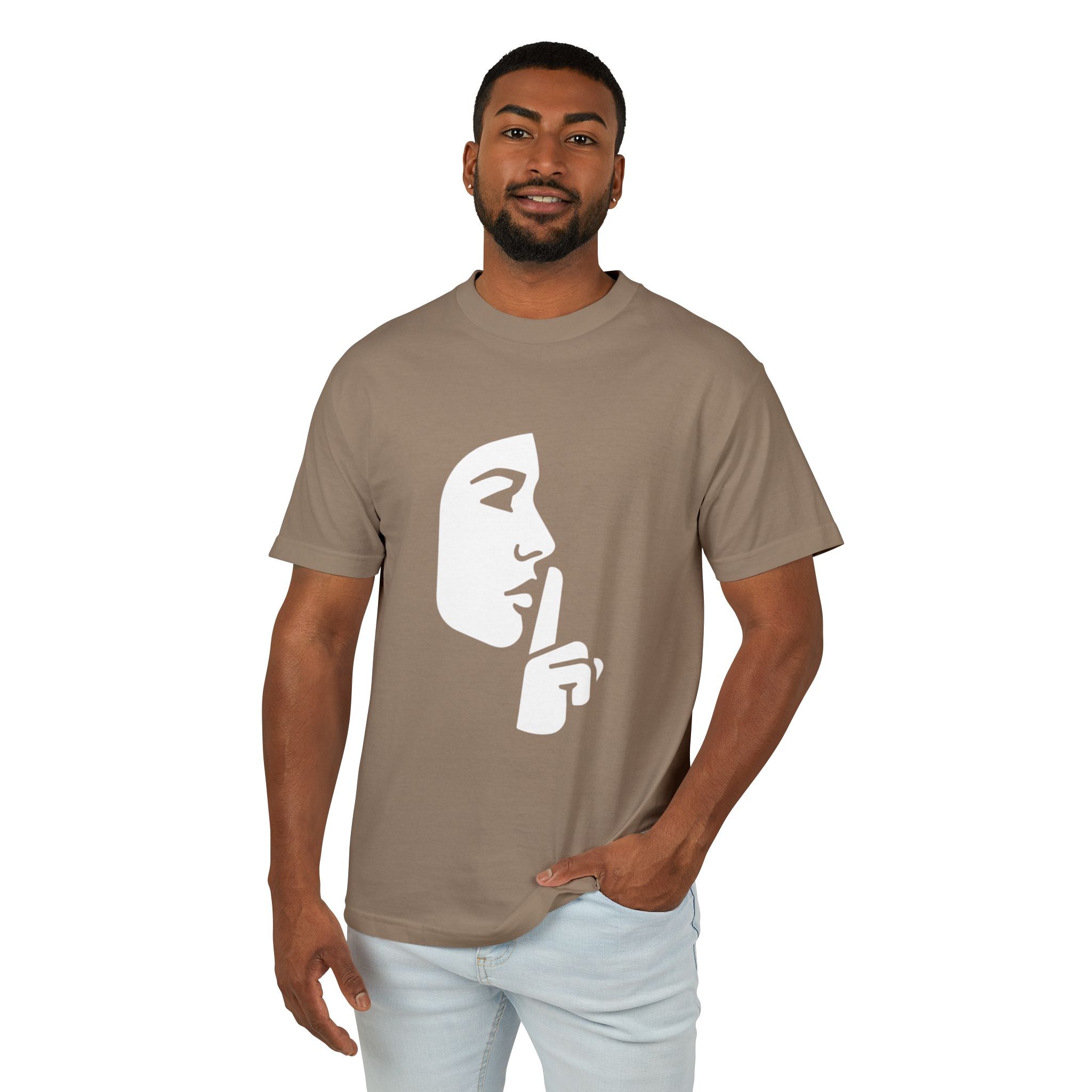 Shh Finger Over Lips Graphic Tee — Silent Face Minimalist T-Shirt