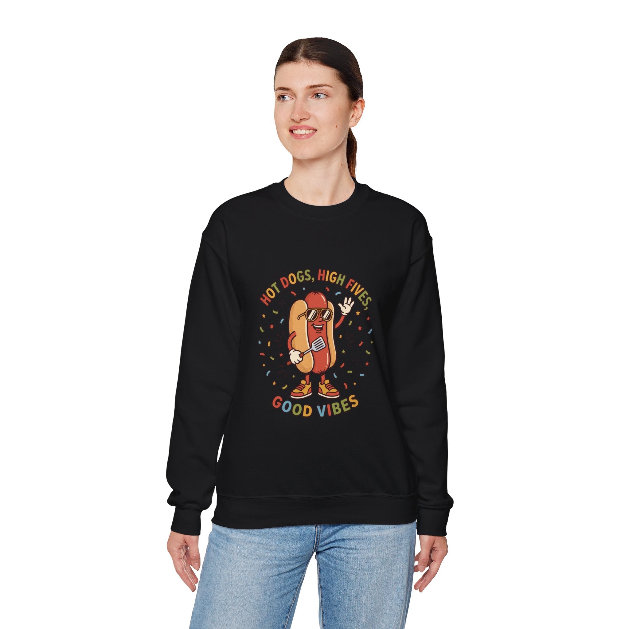 Hot Dog, High Five Crewneck Sweatshirt | BBQ Fourth of July, Retro Patriotic Hot Dog Jokes