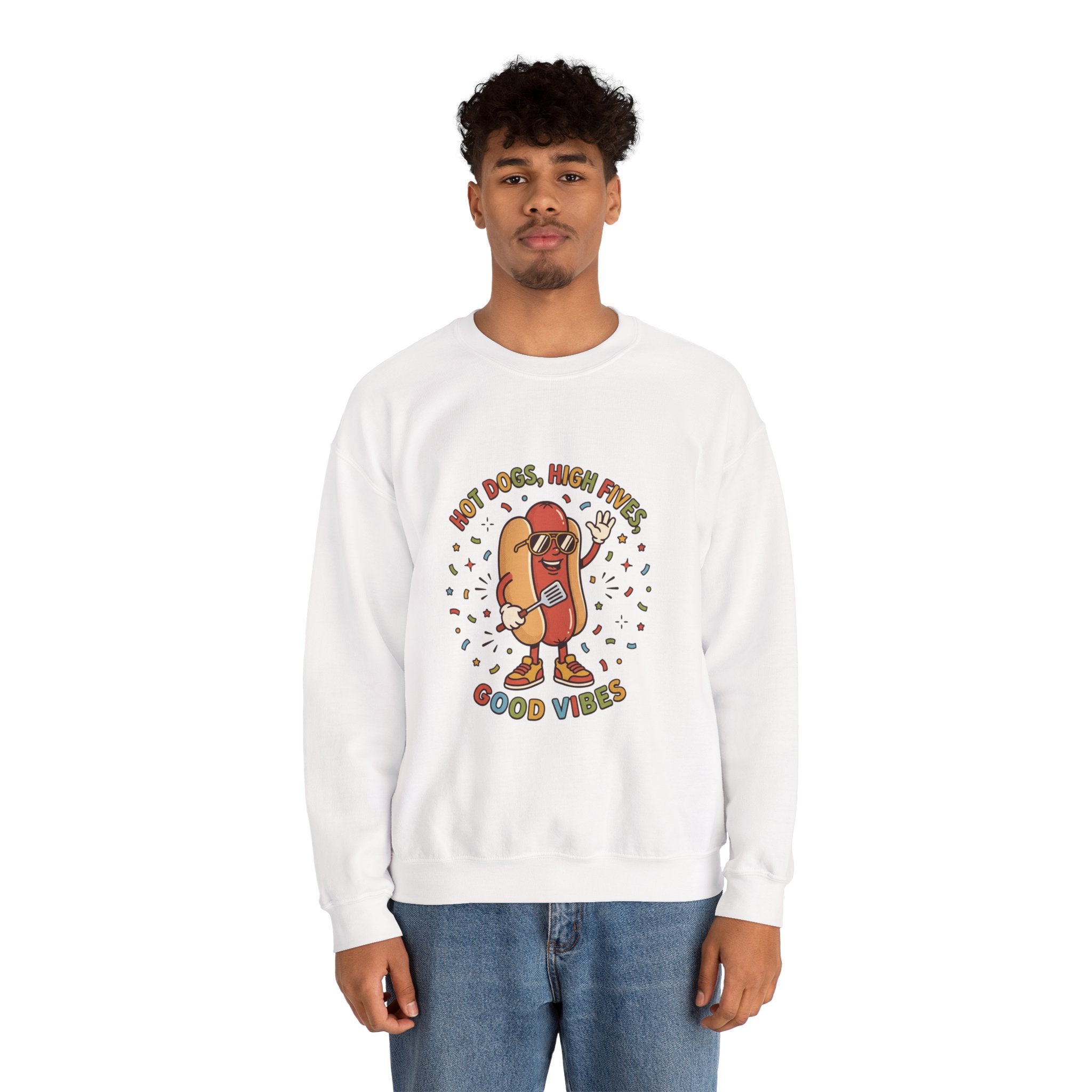 Hot Dog, High Five Crewneck Sweatshirt | BBQ Fourth of July, Retro Patriotic Hot Dog Jokes