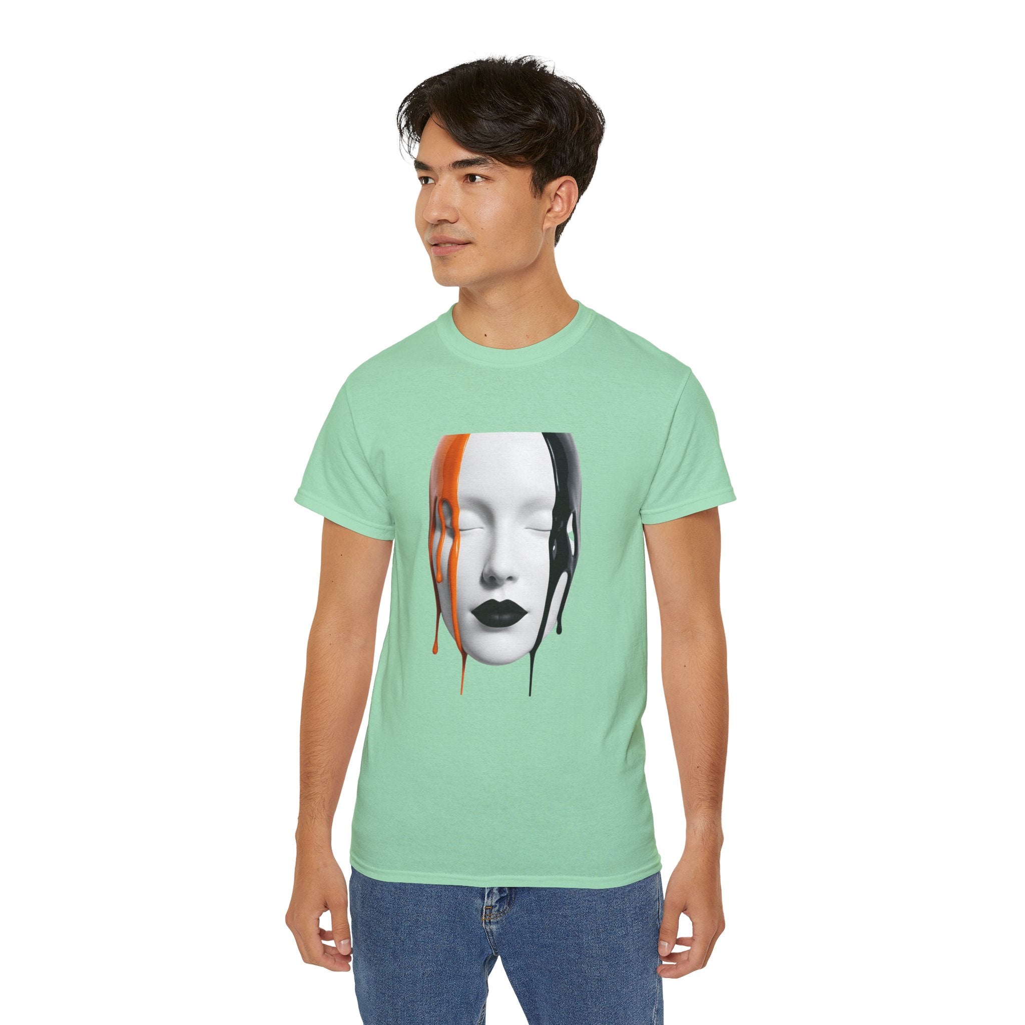 Mask Face Tee — Dripping Black & Orange Art T-Shirt
