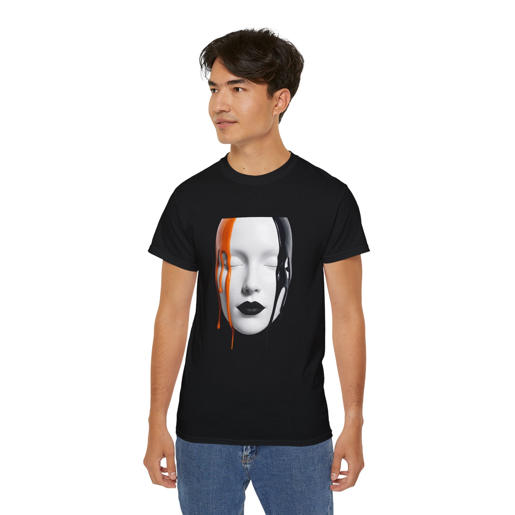 Mask Face Tee — Dripping Black & Orange Art T-Shirt