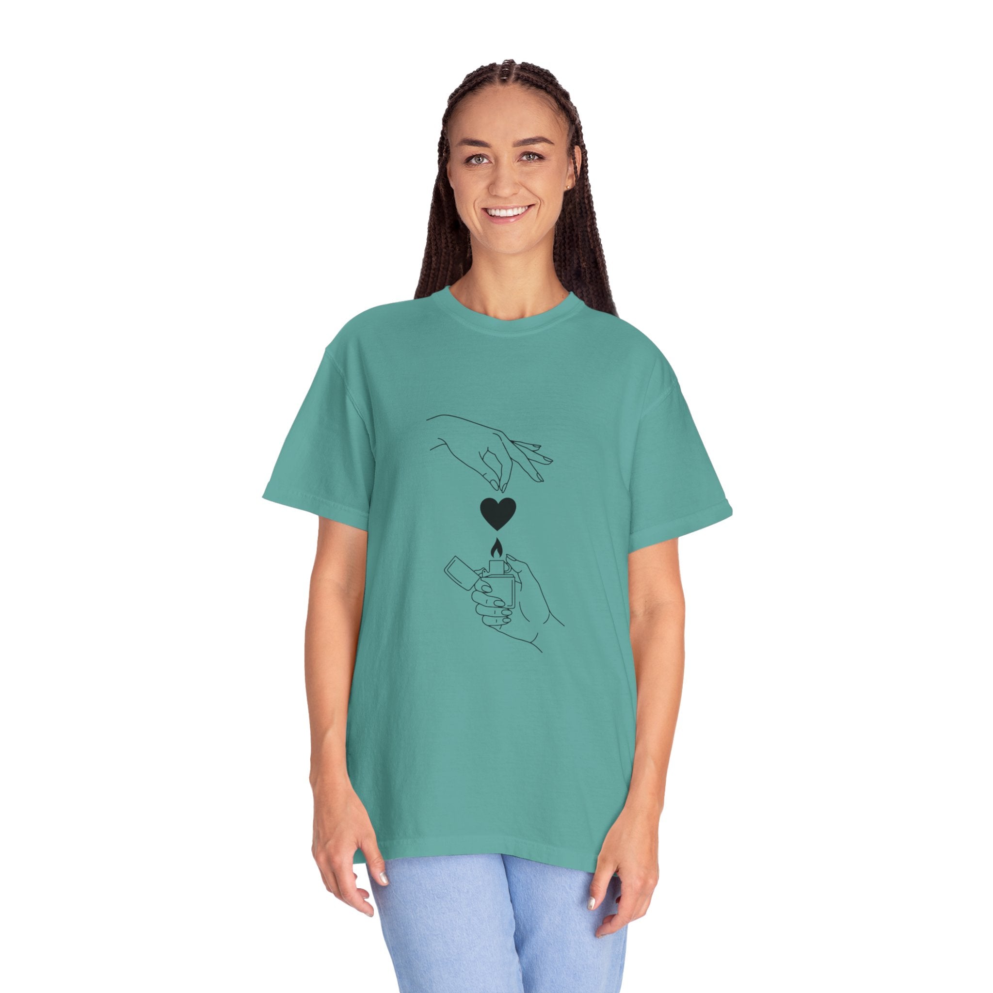 Heart Flame T-Shirt — Minimal Line Art Hands Lighting Heart Graphic