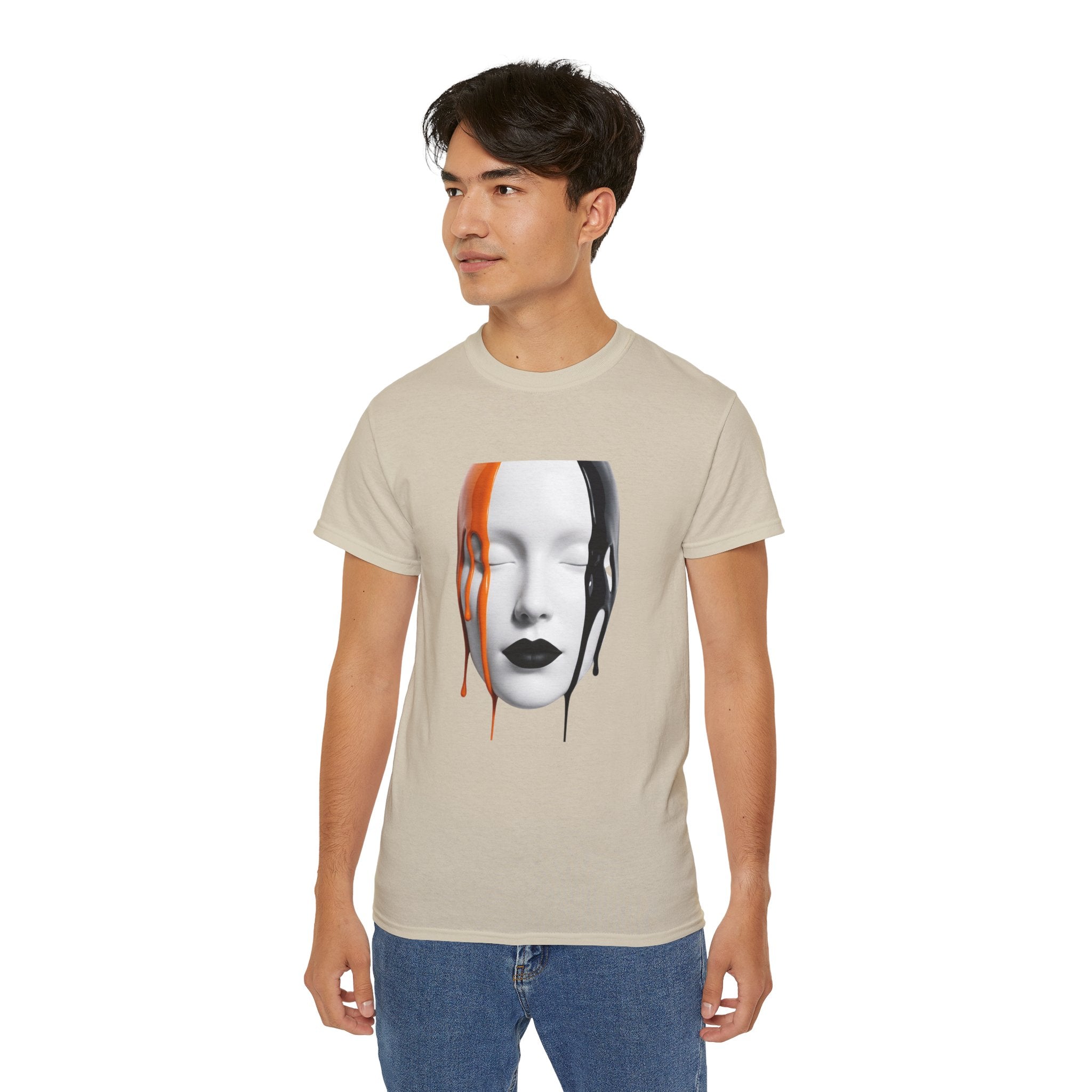 Mask Face Tee — Dripping Black & Orange Art T-Shirt