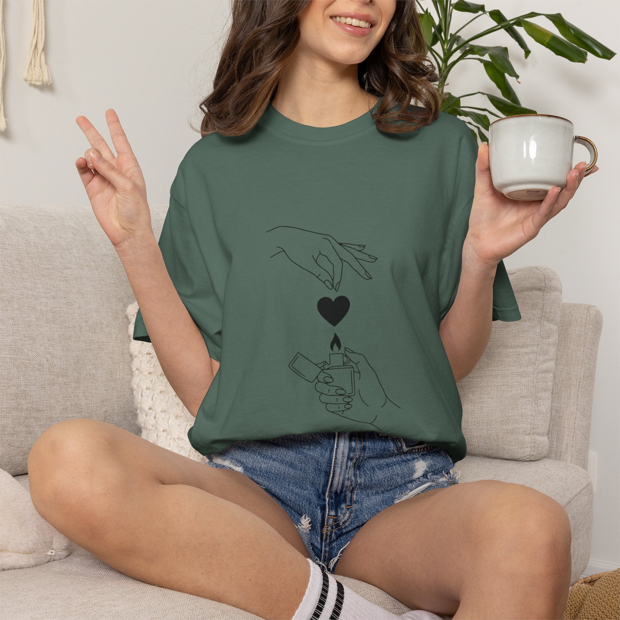Heart Flame T-Shirt — Minimal Line Art Hands Lighting Heart Graphic