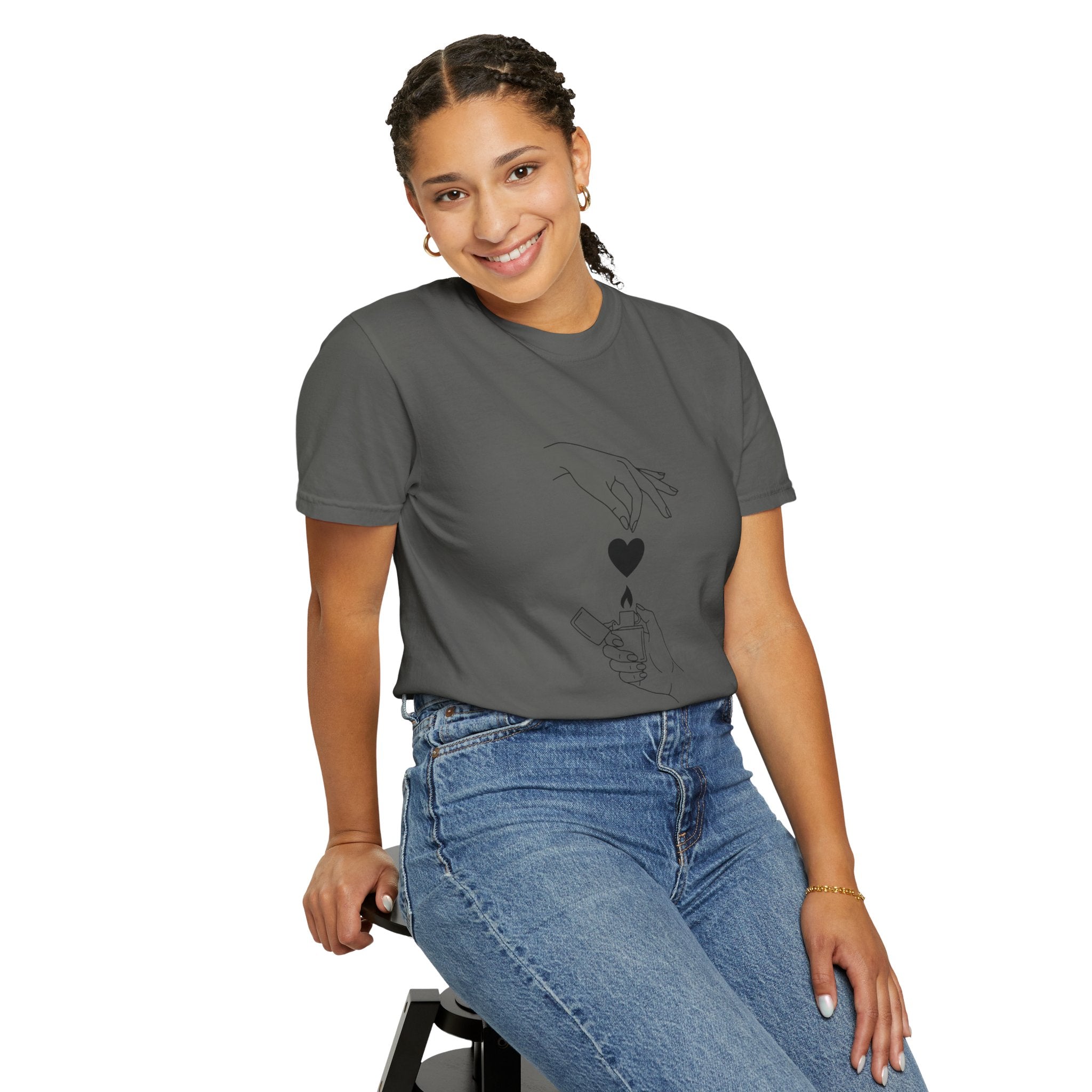 Heart Flame T-Shirt — Minimal Line Art Hands Lighting Heart Graphic