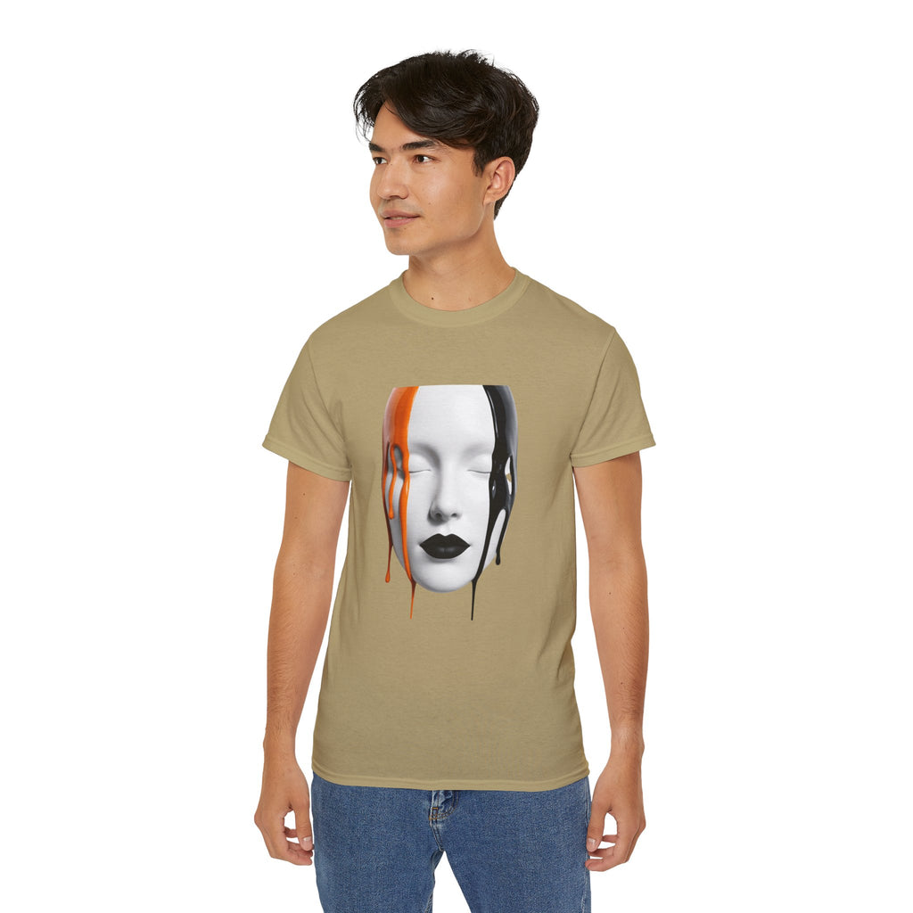 Mask Face Tee — Dripping Black & Orange Art T-Shirt