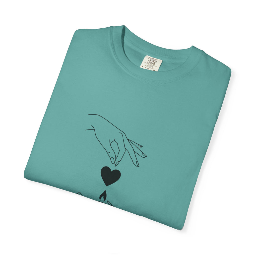 Heart Flame T-Shirt — Minimal Line Art Hands Lighting Heart Graphic