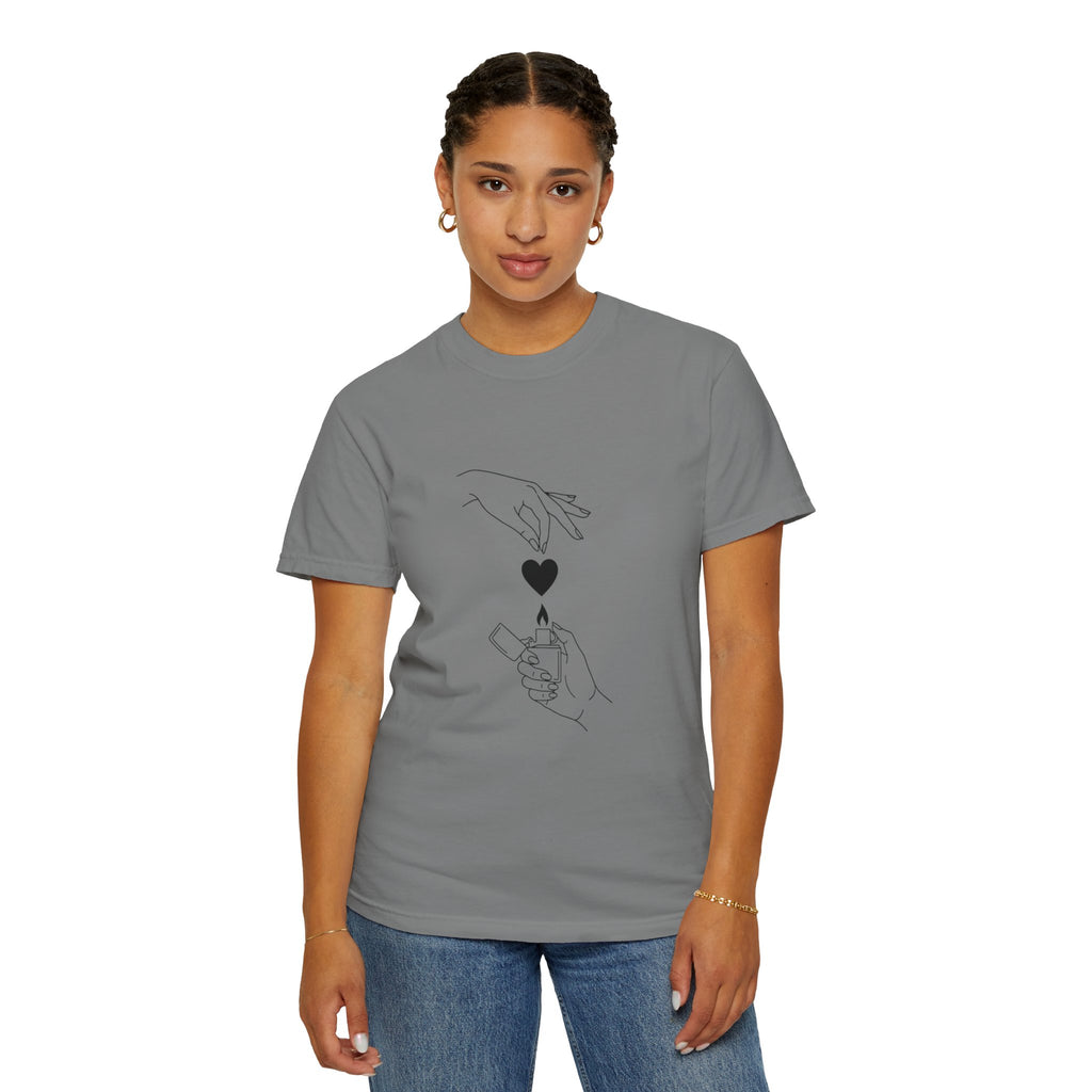 Heart Flame T-Shirt — Minimal Line Art Hands Lighting Heart Graphic