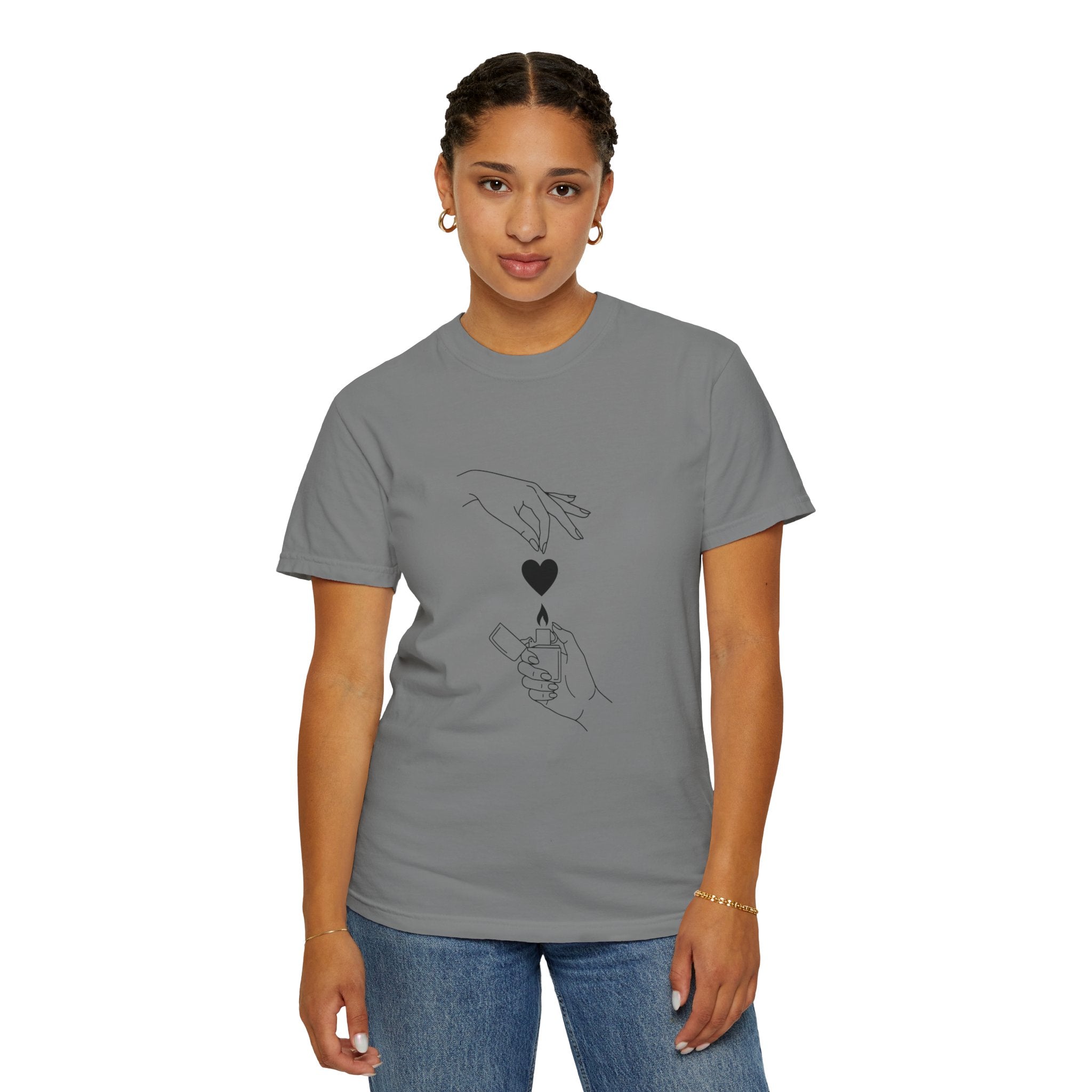 Heart Flame T-Shirt — Minimal Line Art Hands Lighting Heart Graphic