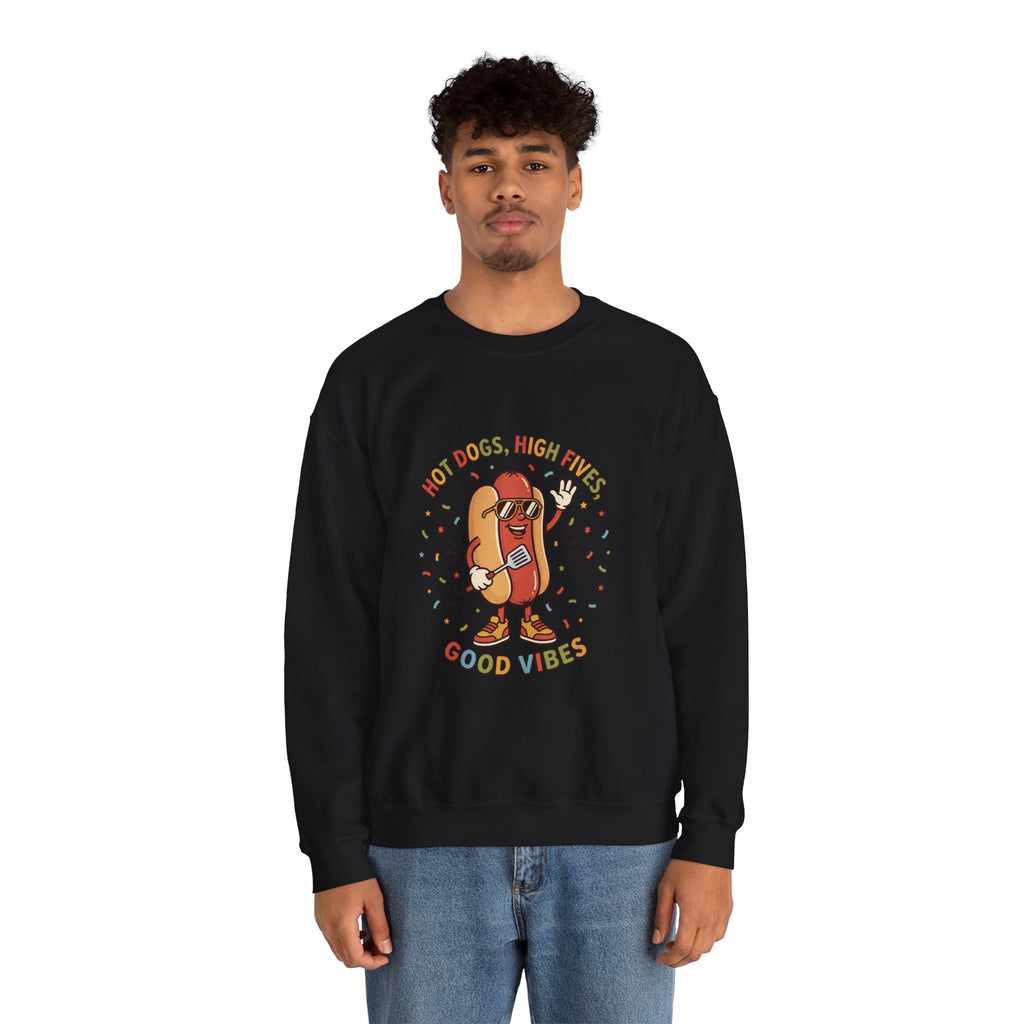 Hot Dog, High Five Crewneck Sweatshirt | BBQ Fourth of July, Retro Patriotic Hot Dog Jokes