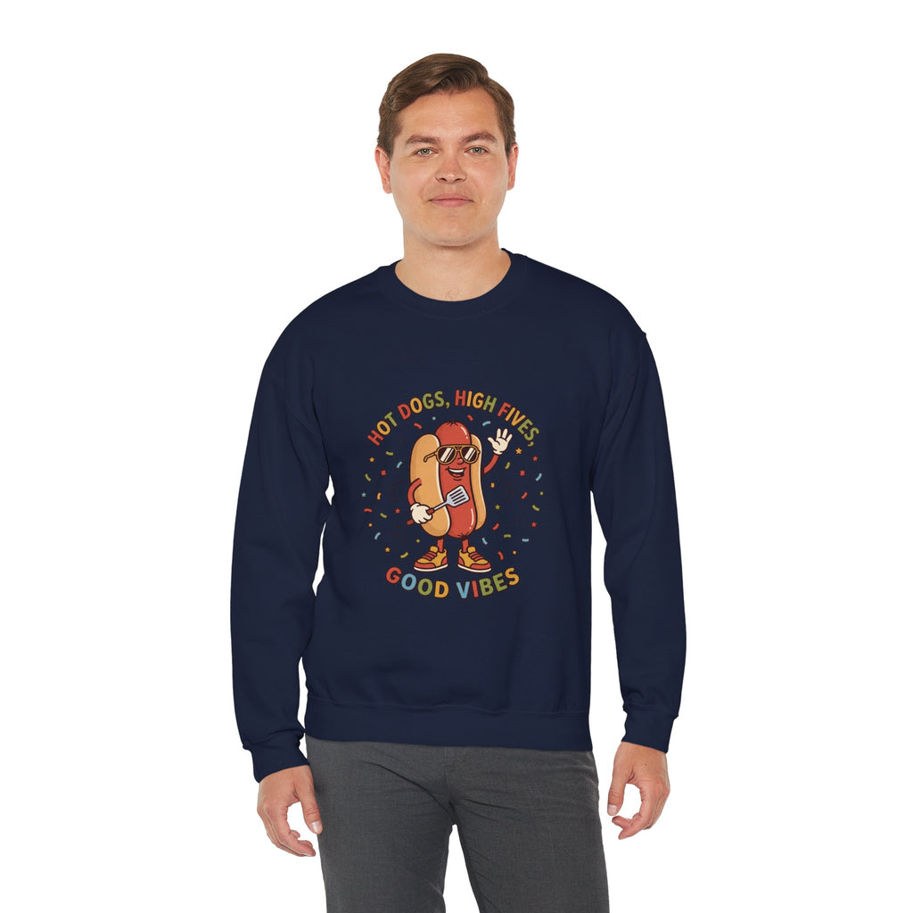 Hot Dog, High Five Crewneck Sweatshirt | BBQ Fourth of July, Retro Patriotic Hot Dog Jokes