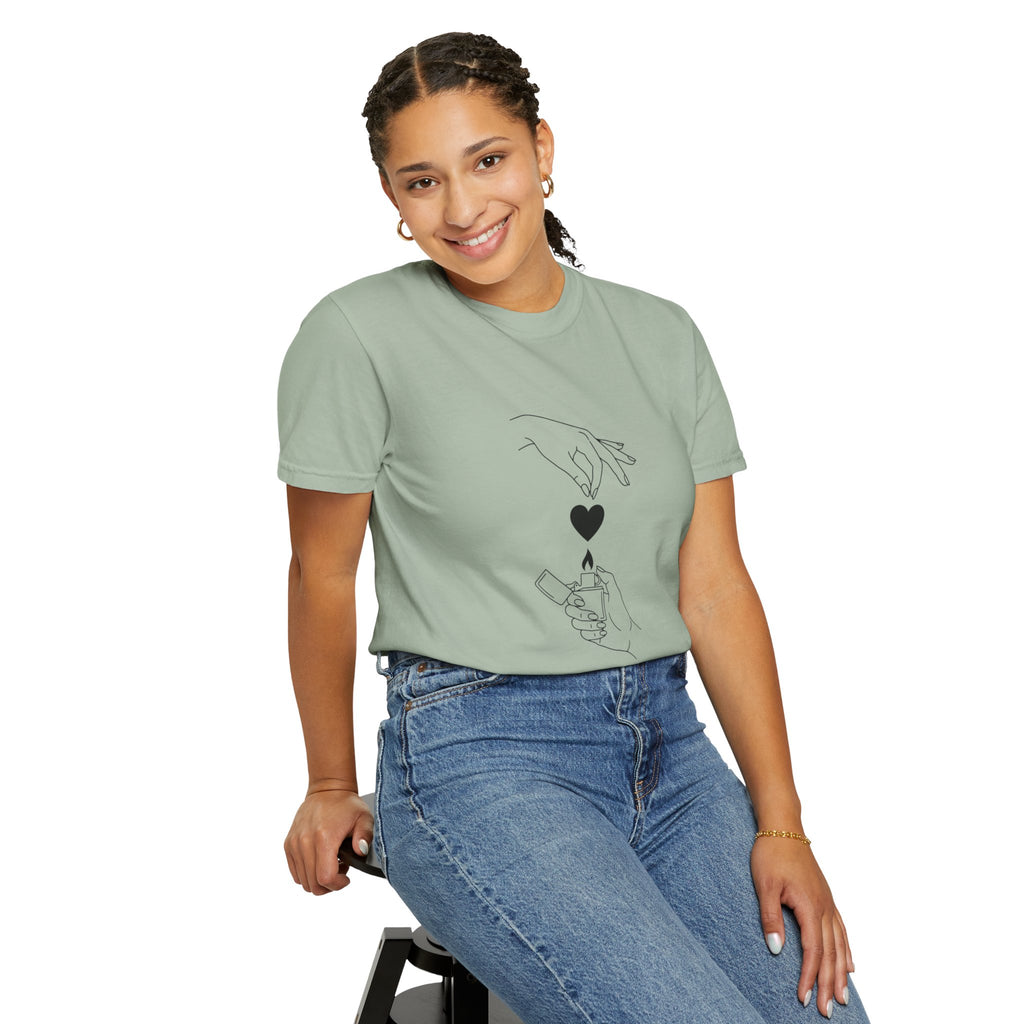Heart Flame T-Shirt — Minimal Line Art Hands Lighting Heart Graphic