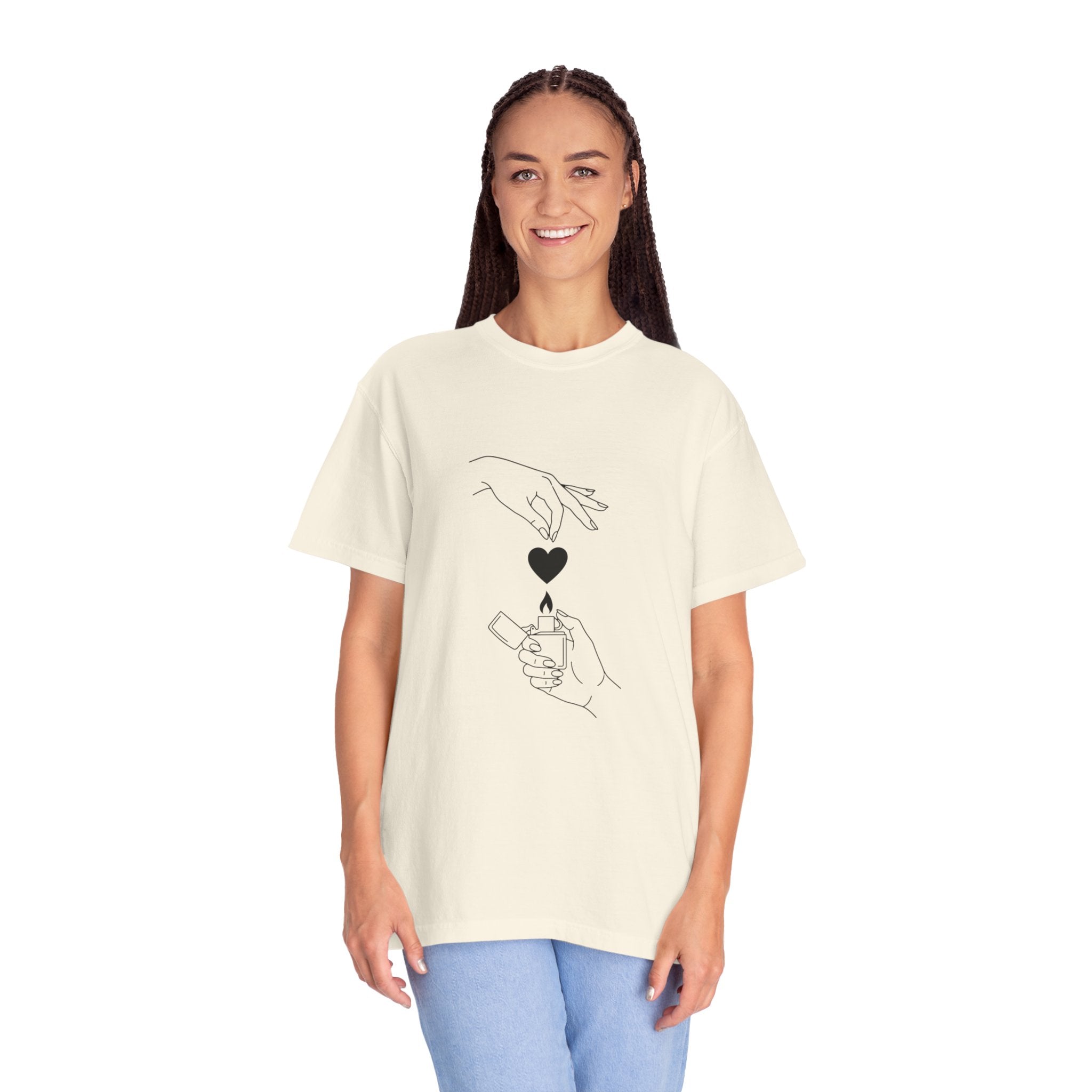Heart Flame T-Shirt — Minimal Line Art Hands Lighting Heart Graphic
