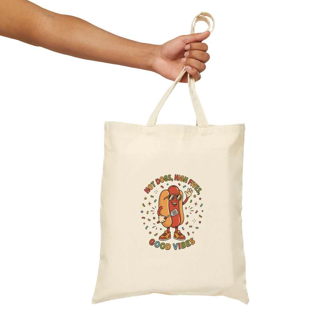 Hot Dog Good Vibes Canvas Tote Bag, Retro BBQ Picnic