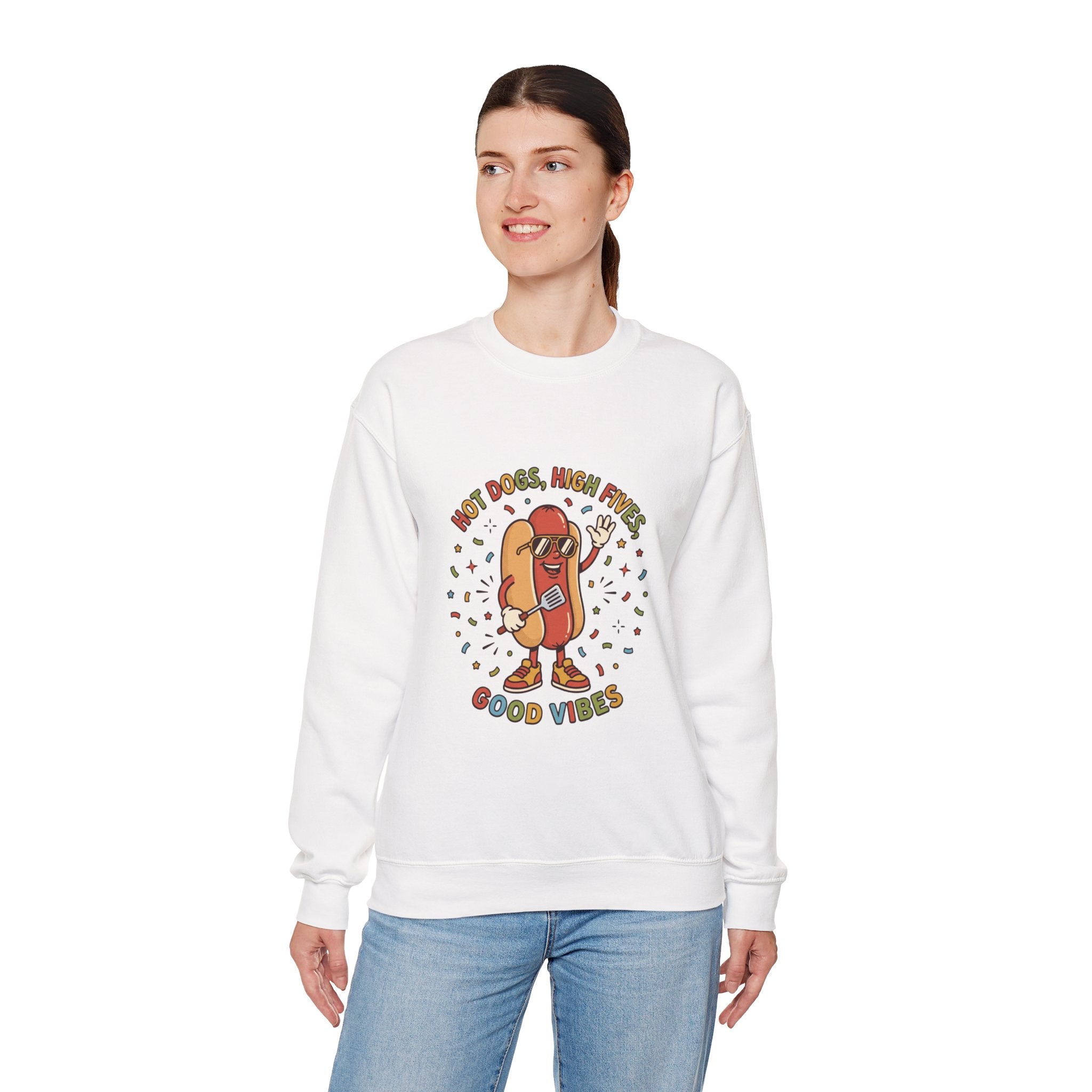 Hot Dog, High Five Crewneck Sweatshirt | BBQ Fourth of July, Retro Patriotic Hot Dog Jokes
