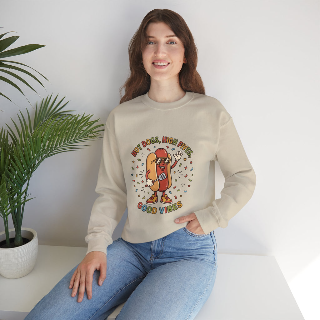 Hot Dog, High Five Crewneck Sweatshirt | BBQ Fourth of July, Retro Patriotic Hot Dog Jokes