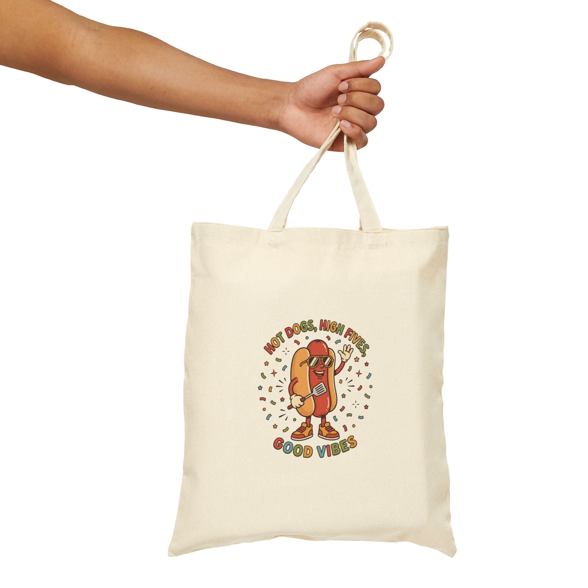 Hot Dog Good Vibes Canvas Tote Bag, Retro BBQ Picnic