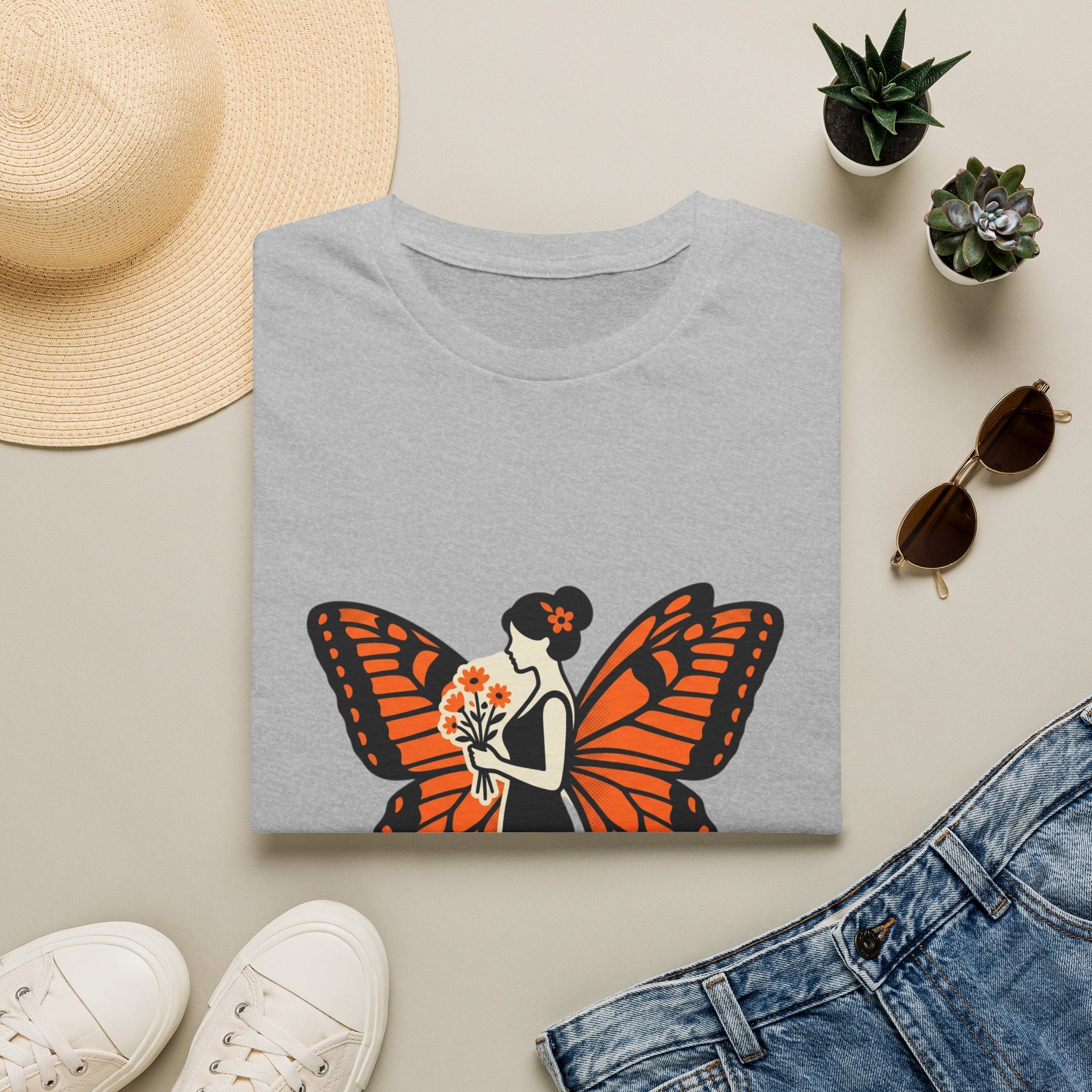 Monarch Butterfly Bride T-Shirt — Floral Bride with Orange Wings