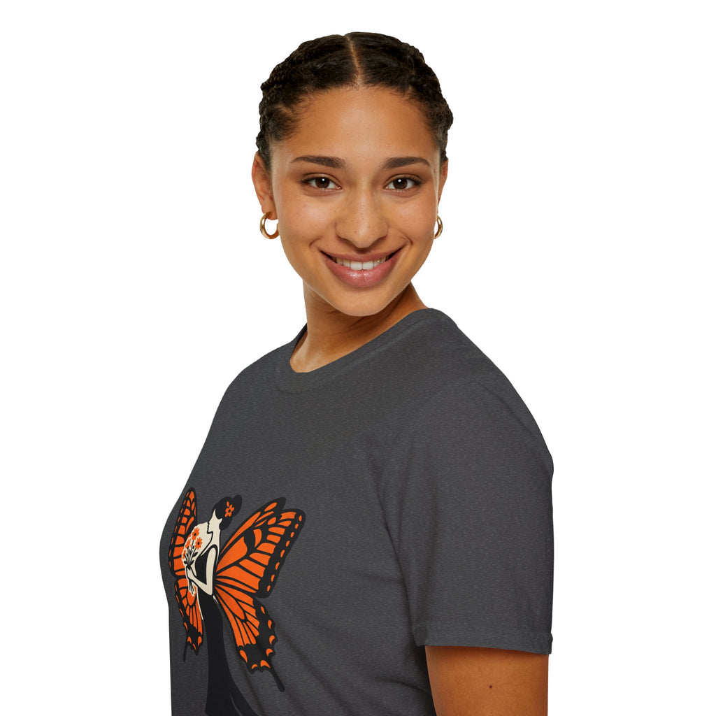Monarch Butterfly Bride T-Shirt — Floral Bride with Orange Wings