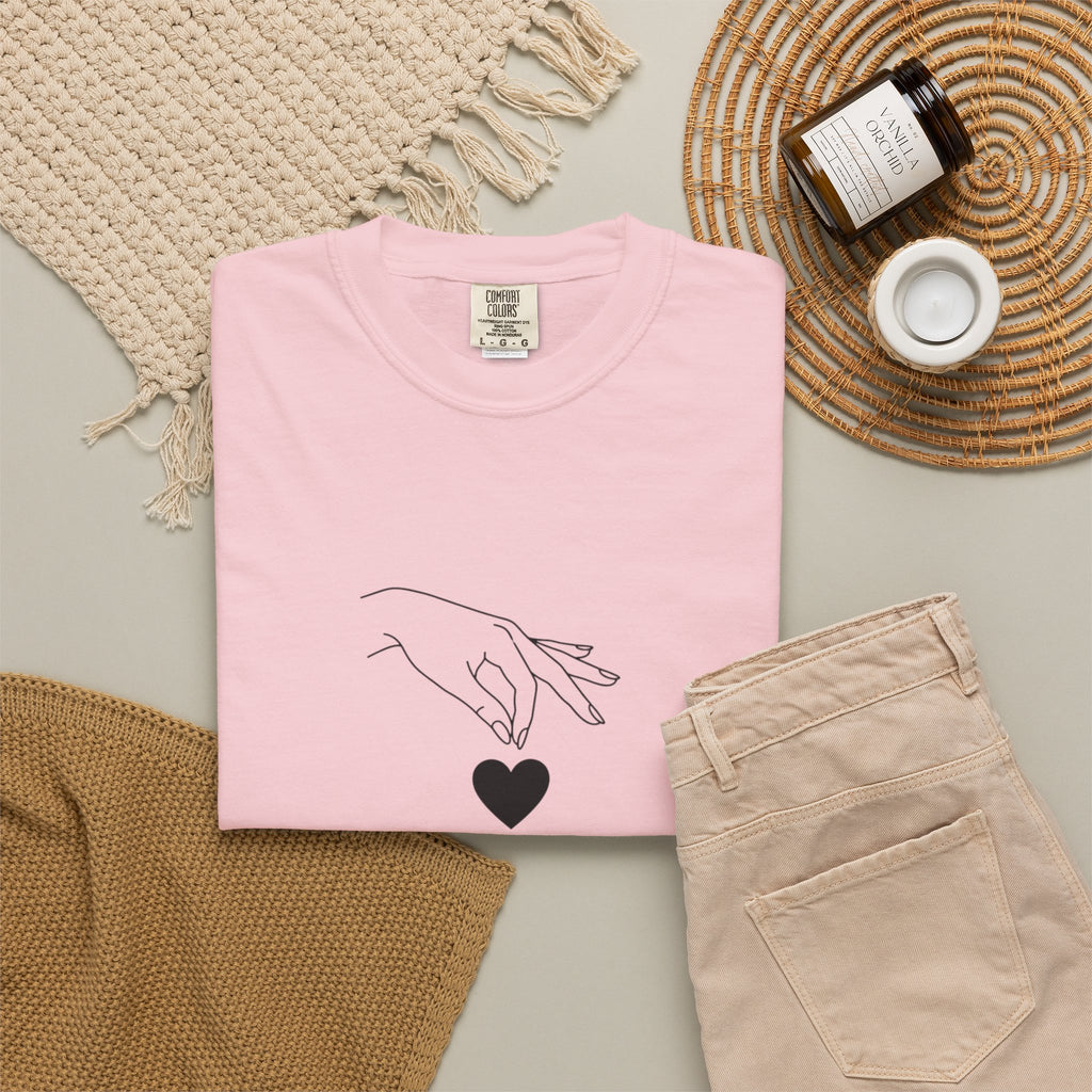 Heart Flame T-Shirt — Minimal Line Art Hands Lighting Heart Graphic
