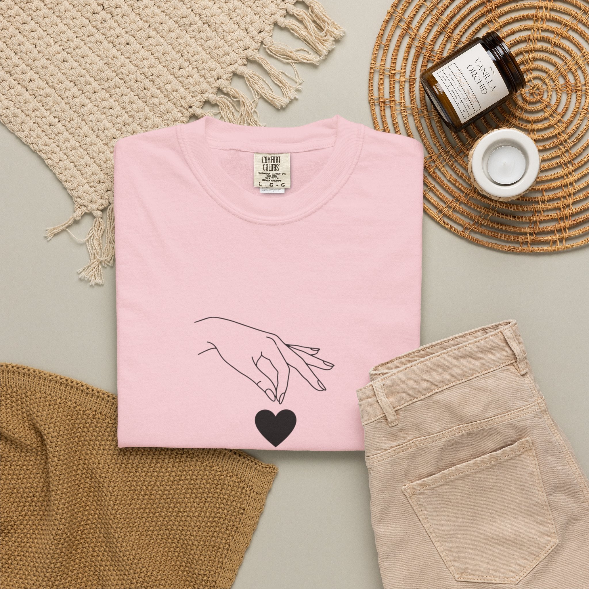 Heart Flame T-Shirt — Minimal Line Art Hands Lighting Heart Graphic