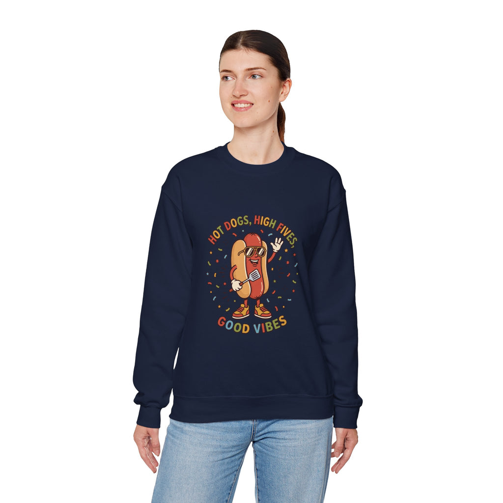 Hot Dog, High Five Crewneck Sweatshirt | BBQ Fourth of July, Retro Patriotic Hot Dog Jokes
