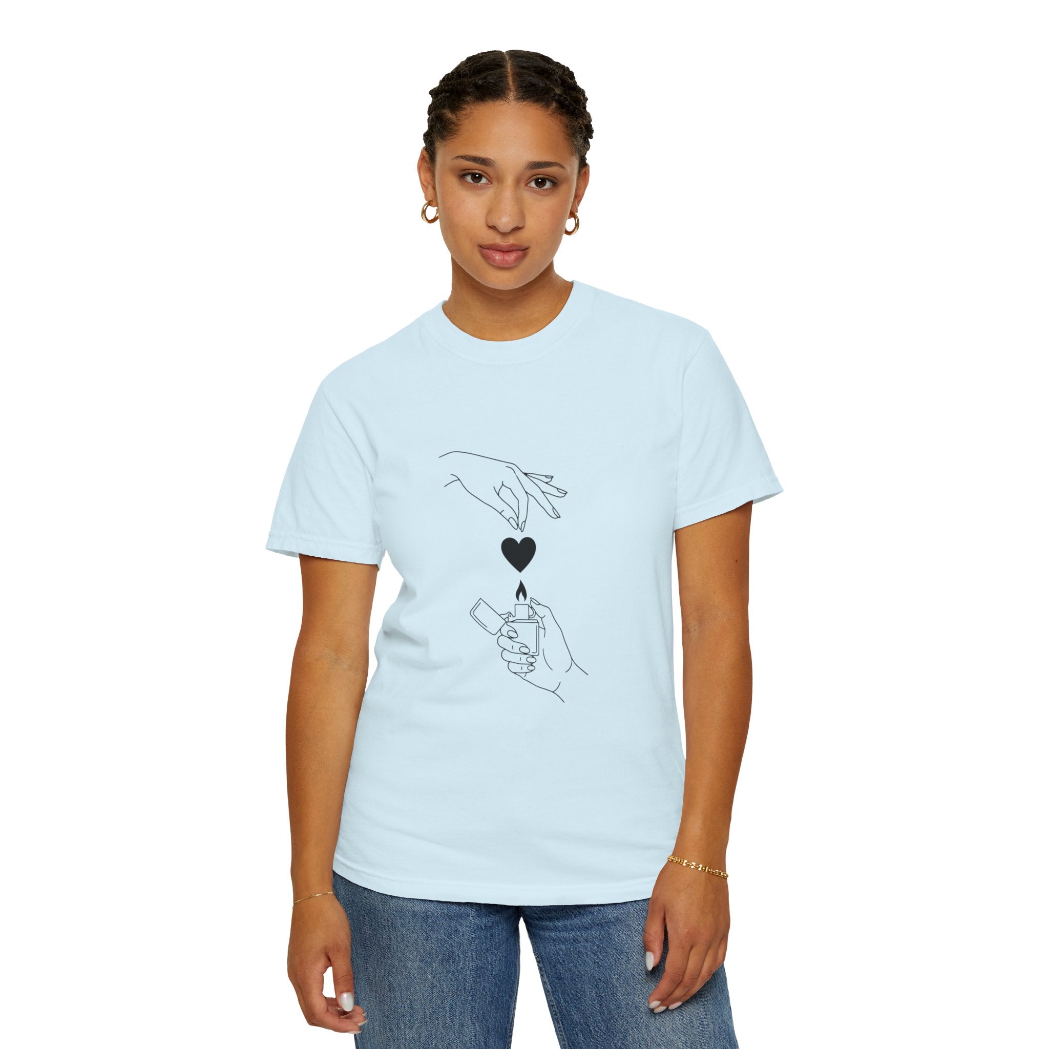 Heart Flame T-Shirt — Minimal Line Art Hands Lighting Heart Graphic