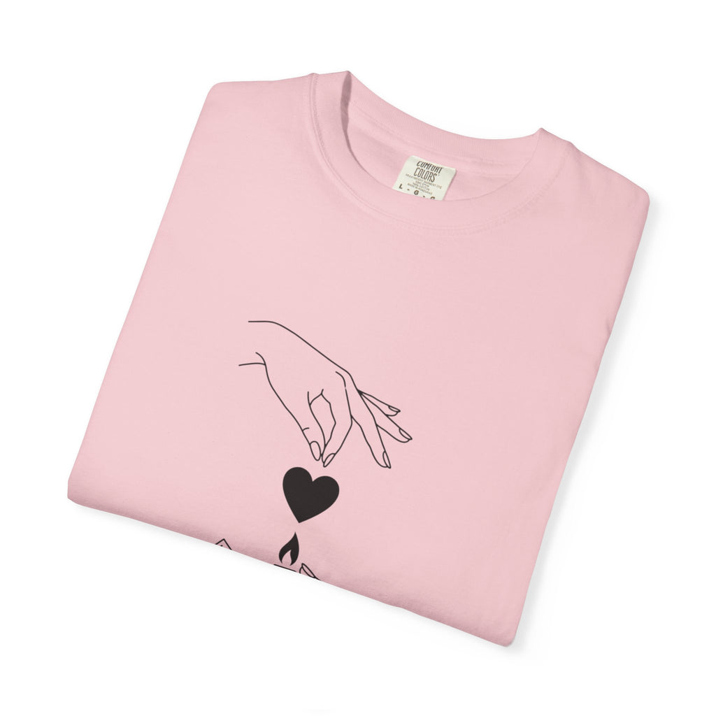 Heart Flame T-Shirt — Minimal Line Art Hands Lighting Heart Graphic
