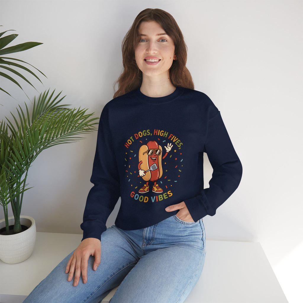 Hot Dog, High Five Crewneck Sweatshirt | BBQ Fourth of July, Retro Patriotic Hot Dog Jokes