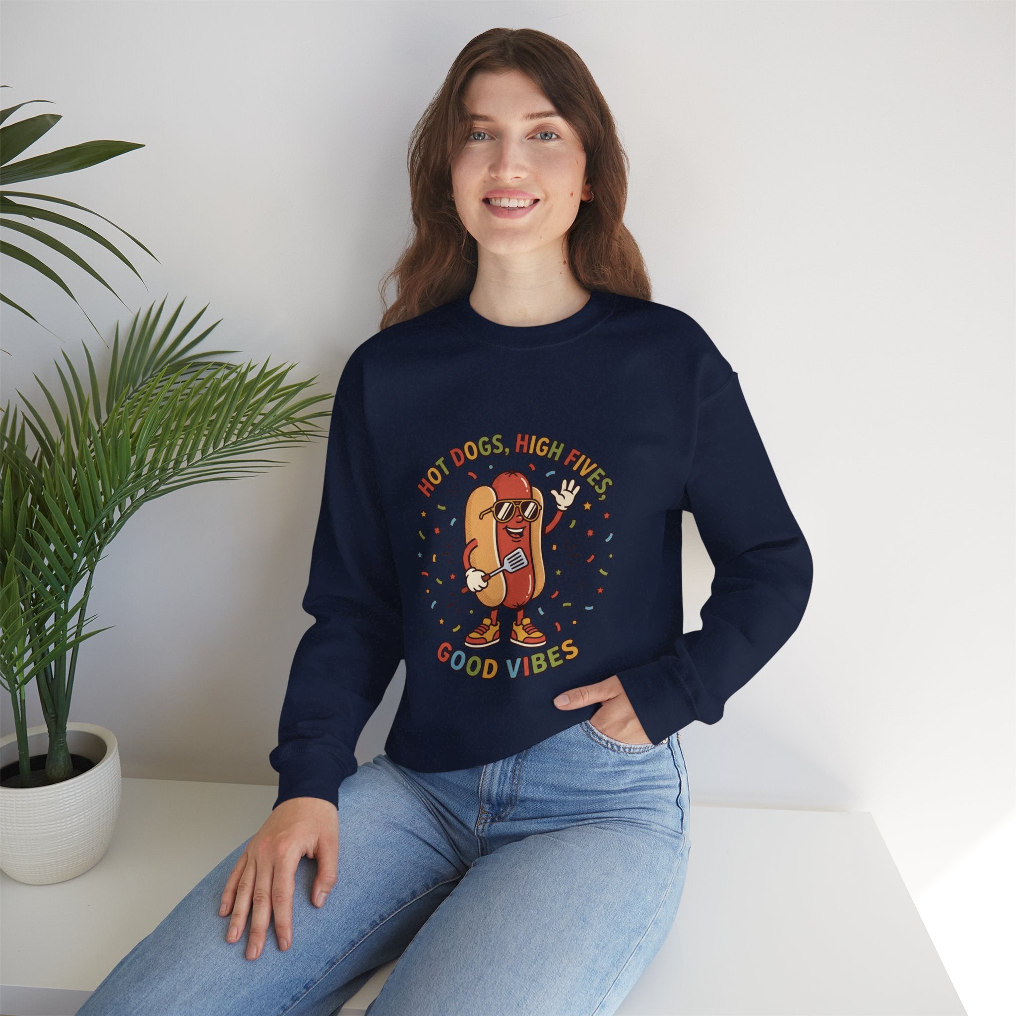 Hot Dog, High Five Crewneck Sweatshirt | BBQ Fourth of July, Retro Patriotic Hot Dog Jokes
