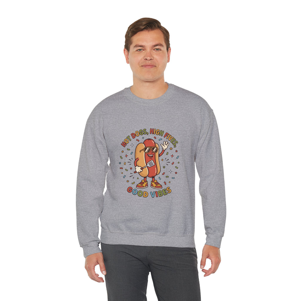 Hot Dog, High Five Crewneck Sweatshirt | BBQ Fourth of July, Retro Patriotic Hot Dog Jokes