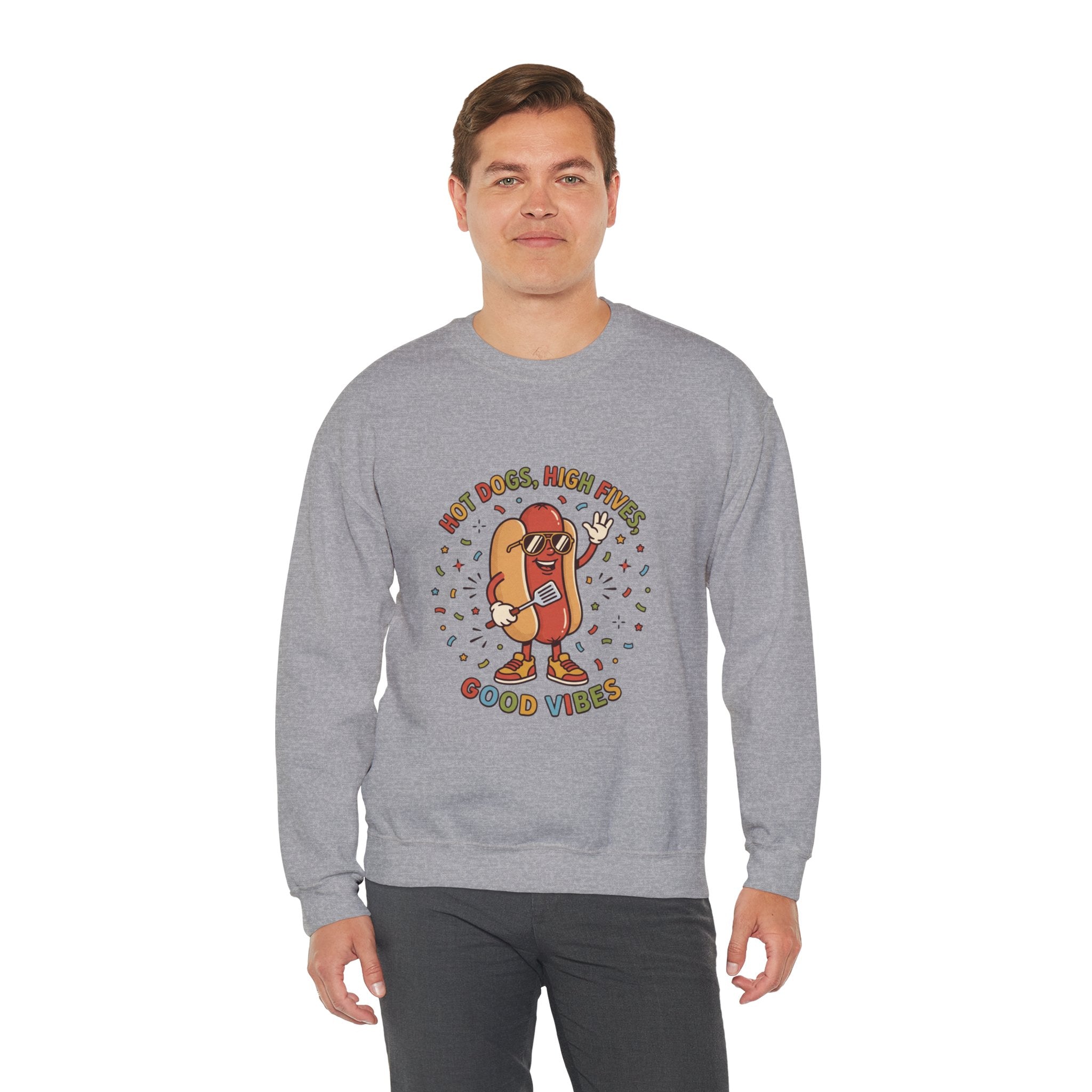Hot Dog, High Five Crewneck Sweatshirt | BBQ Fourth of July, Retro Patriotic Hot Dog Jokes