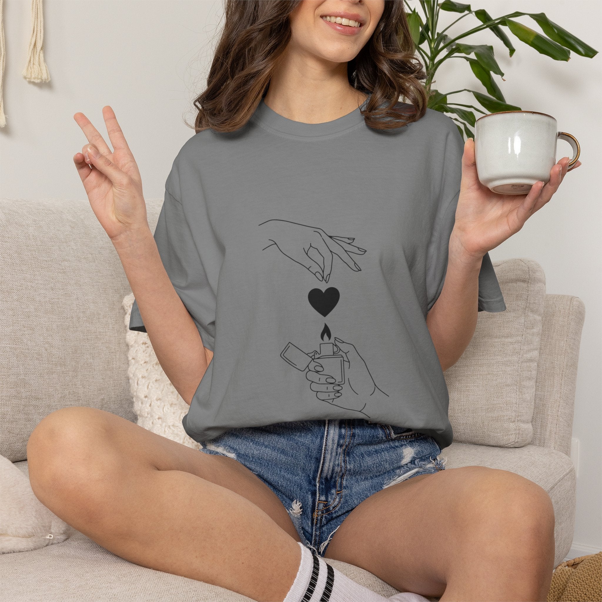 Heart Flame T-Shirt — Minimal Line Art Hands Lighting Heart Graphic
