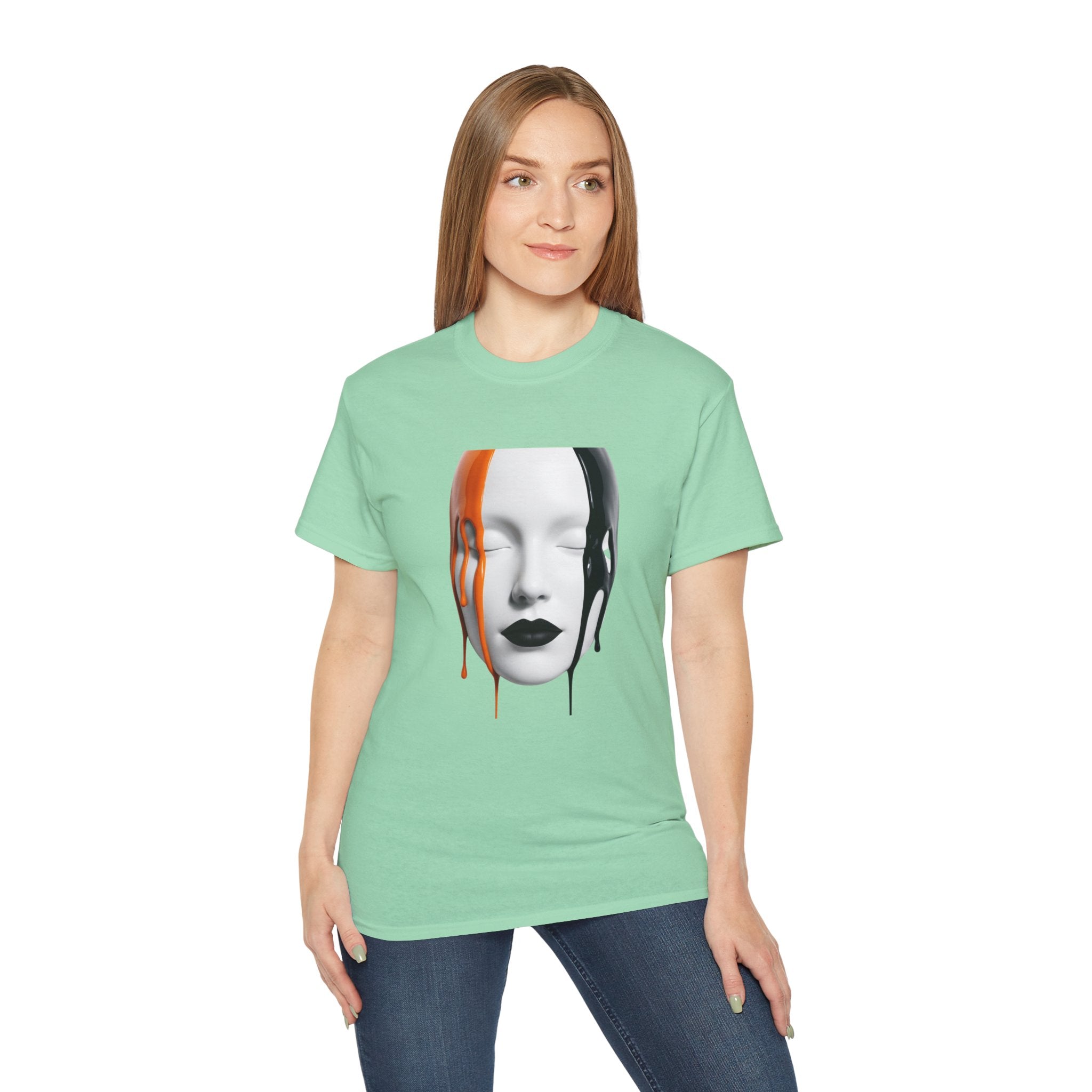 Mask Face Tee — Dripping Black & Orange Art T-Shirt