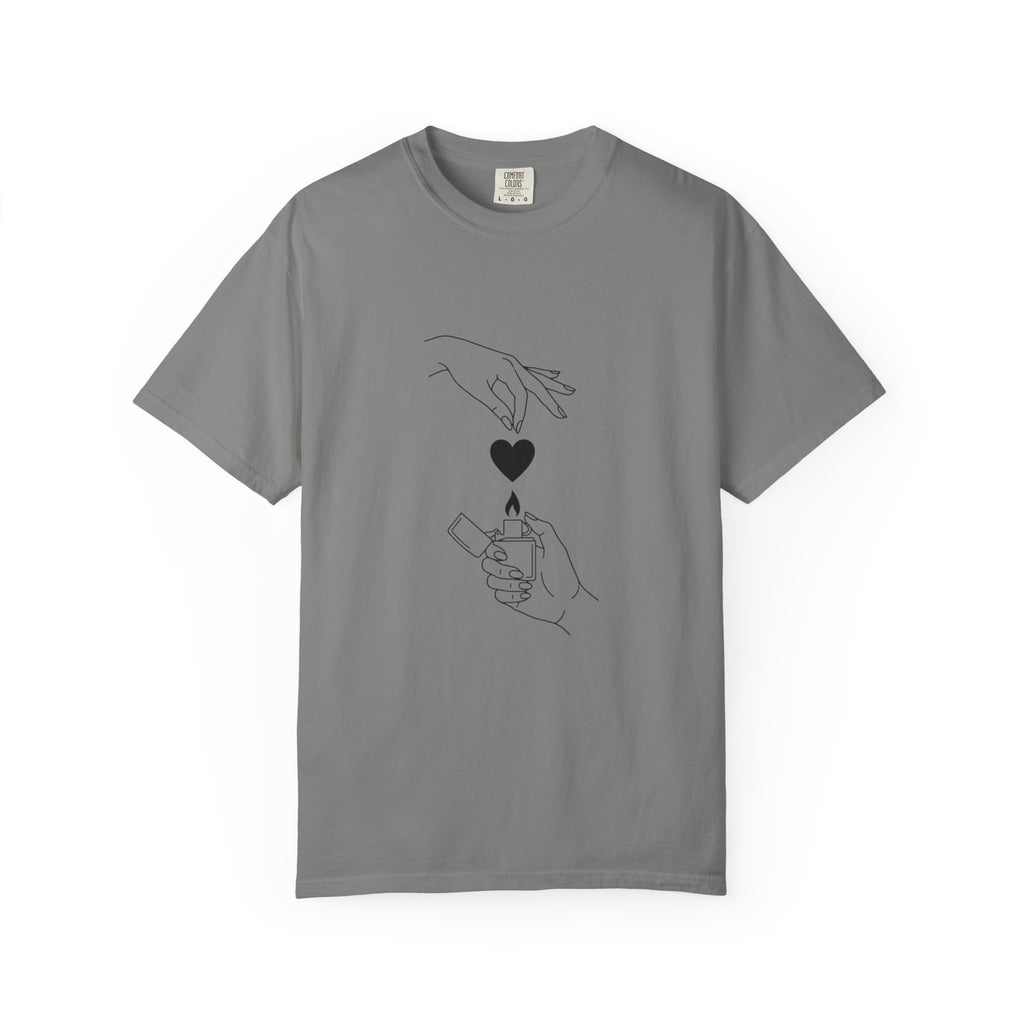 Heart Flame T-Shirt — Minimal Line Art Hands Lighting Heart Graphic